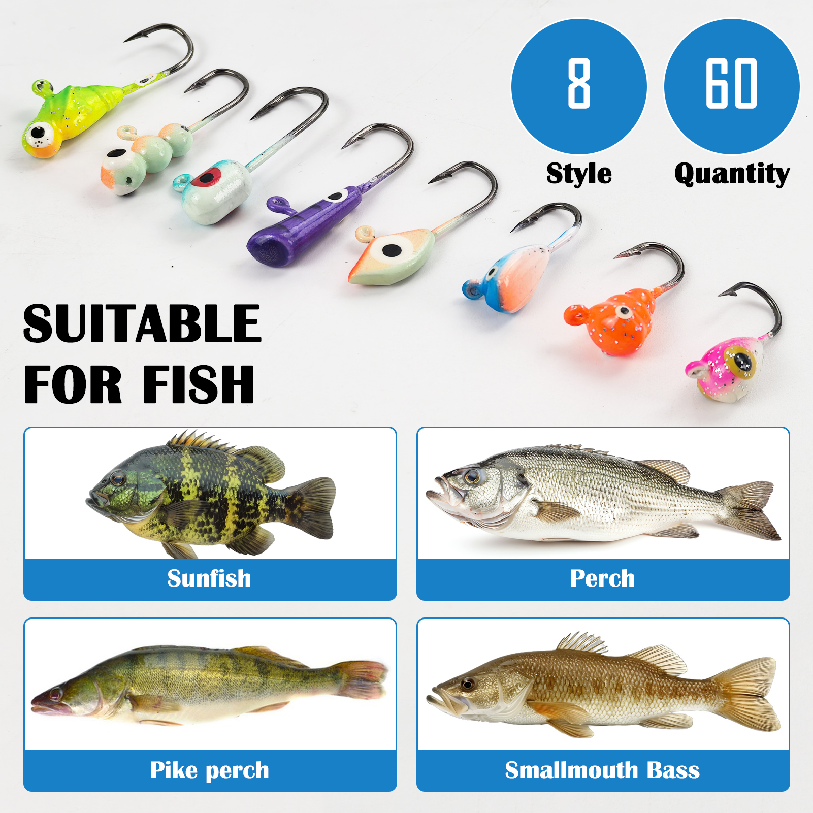 FREE FISHER 61pcs/Lot Ice Fishing Hooks Kit,Mixed Jig Head Hooks,Jigging Crappie Sunfish Perch Luminous Baits for Winter Fishing 