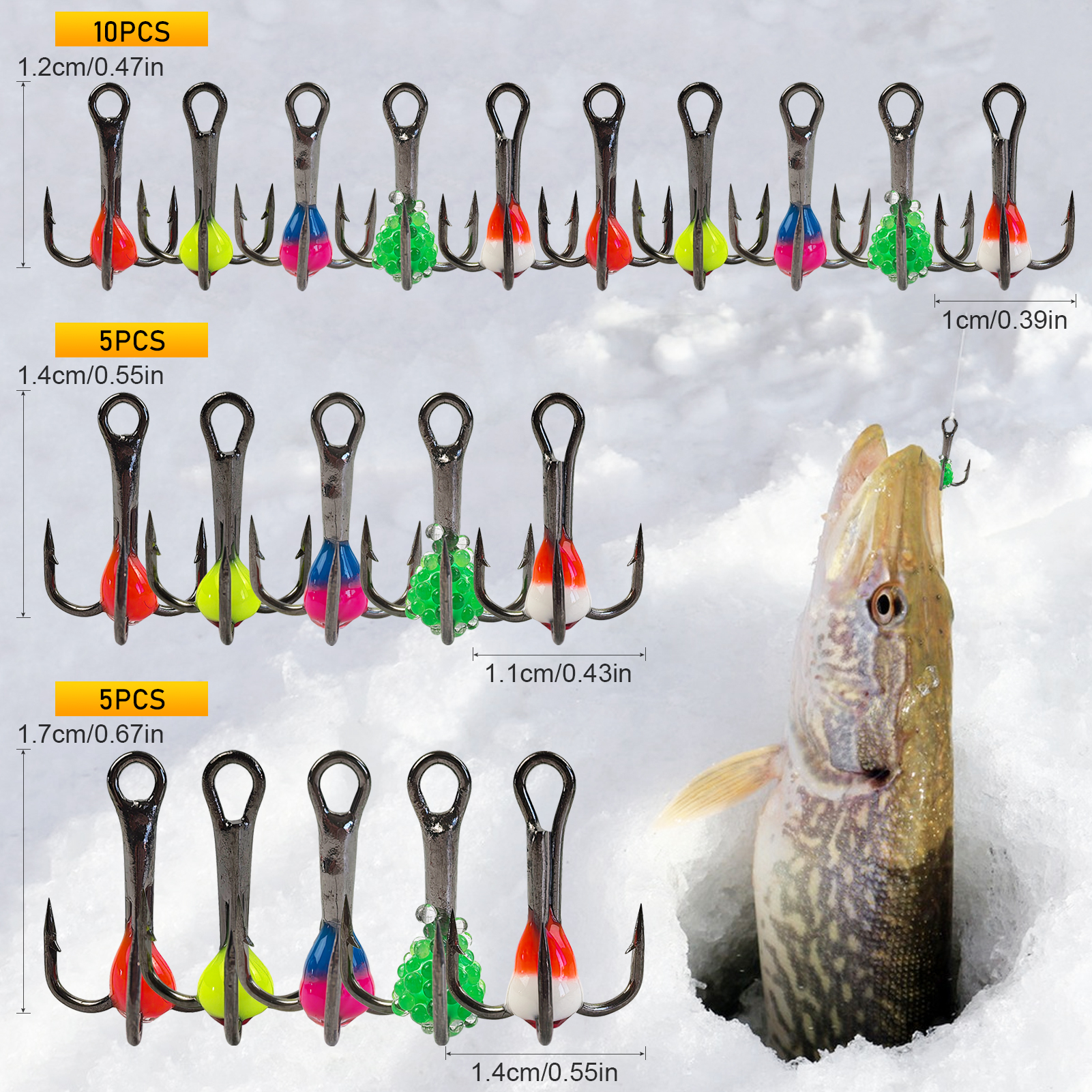 FREE FISHER 20pcs/Box Ice Fishing Hooks Kit,8#/10#/12# Treble Hooks with Diamond Eye,Overturned Barbed Winter Fishhooks Tackles