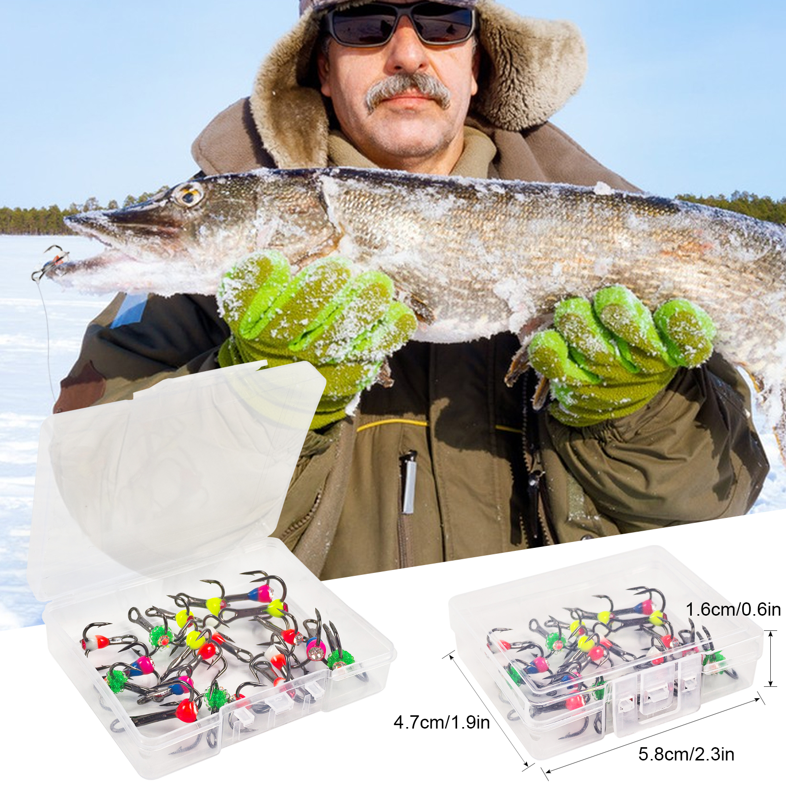 FREE FISHER 20pcs/Box Ice Fishing Hooks Kit,8#/10#/12# Treble Hooks with Diamond Eye,Overturned Barbed Winter Fishhooks Tackles