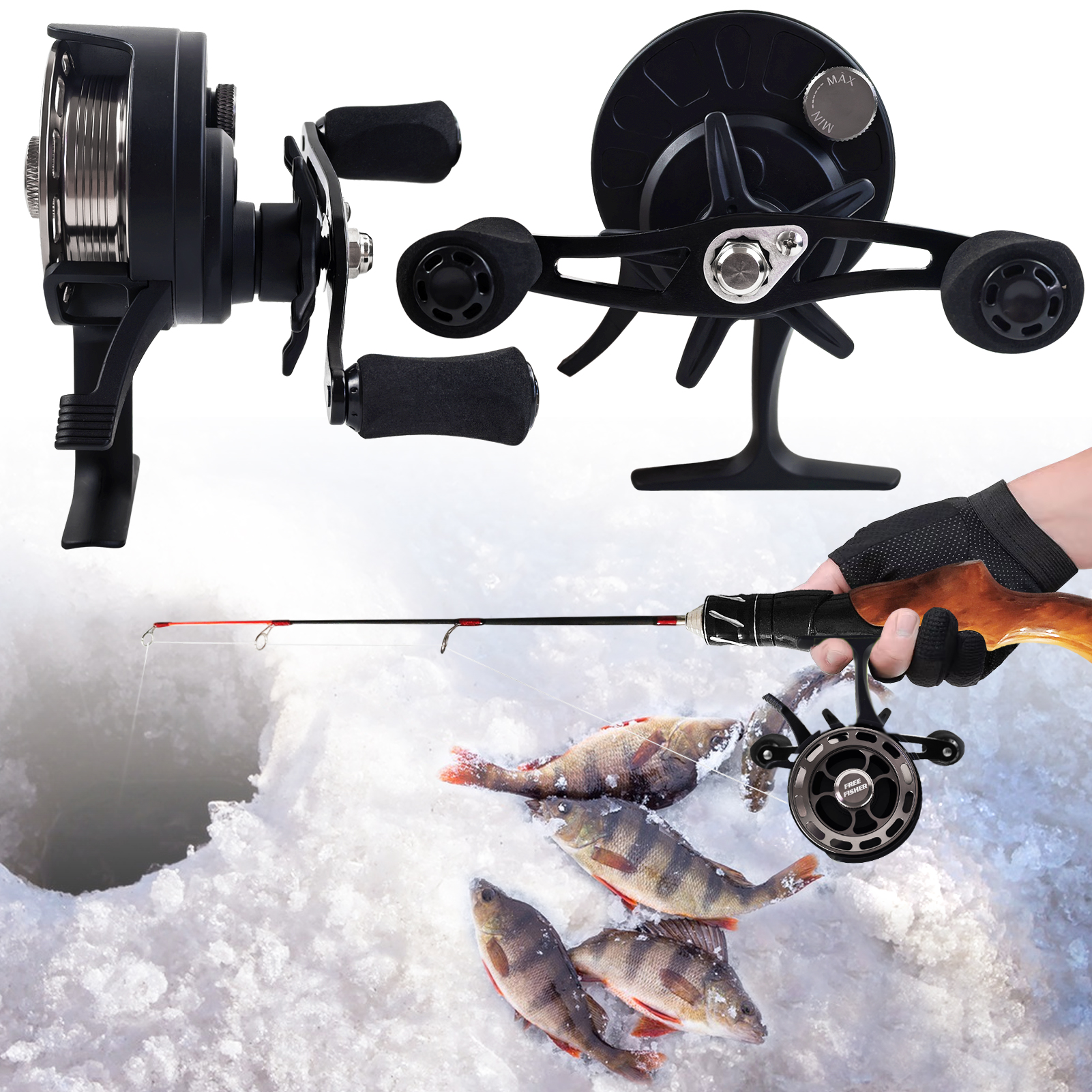 FREE FISHER 115pcs/Lot Ice Fishing Rod Reel Combo 2-Section Fishing Pole 3.2:1 Ice Wheel Jig Head Hooks Soft Shrimps Baits Winter Fishing Tackle Set