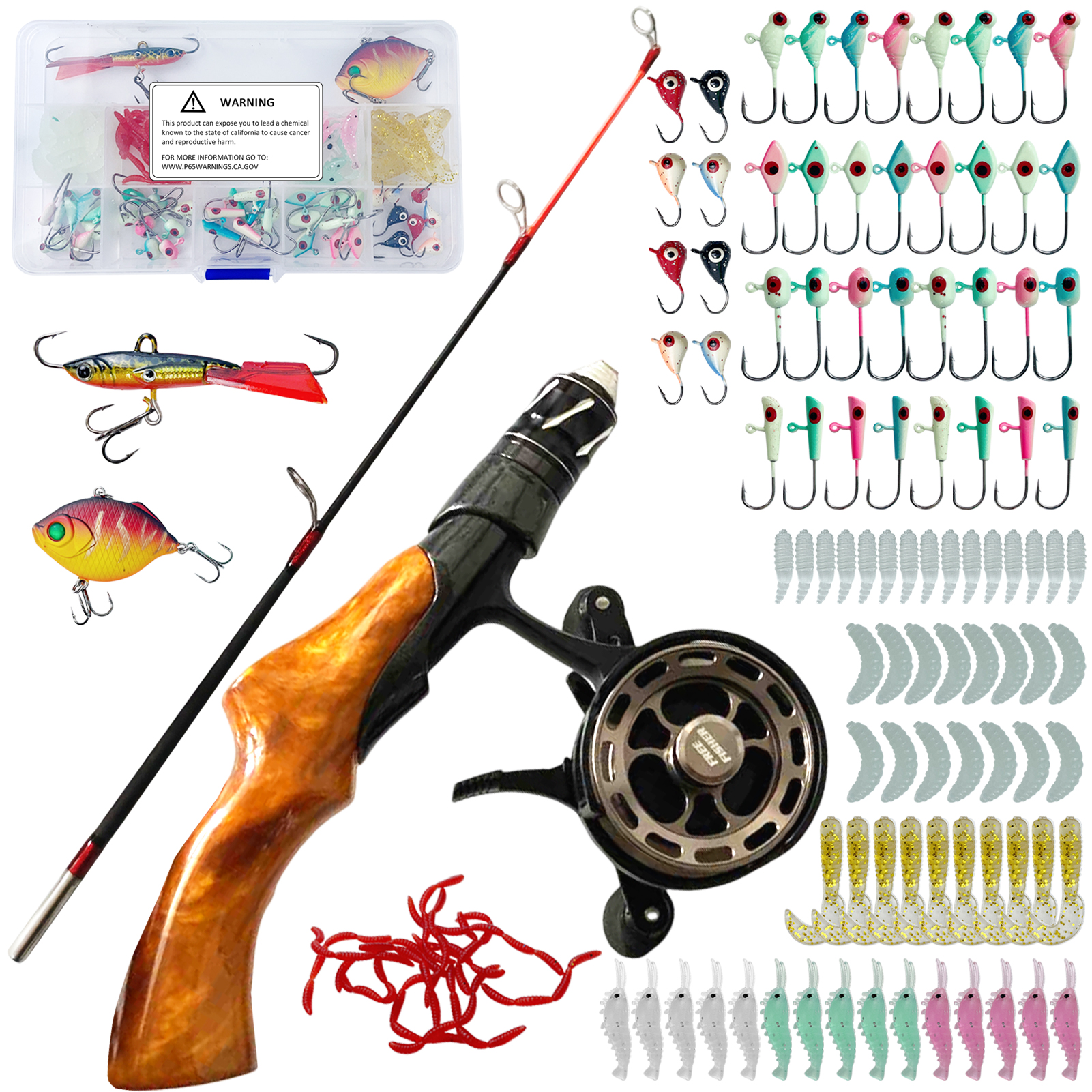 FREE FISHER 115pcs/Lot Ice Fishing Rod Reel Combo 2-Section Fishing Pole 3.2:1 Ice Wheel Jig Head Hooks Soft Shrimps Baits Winter Fishing Tackle Set