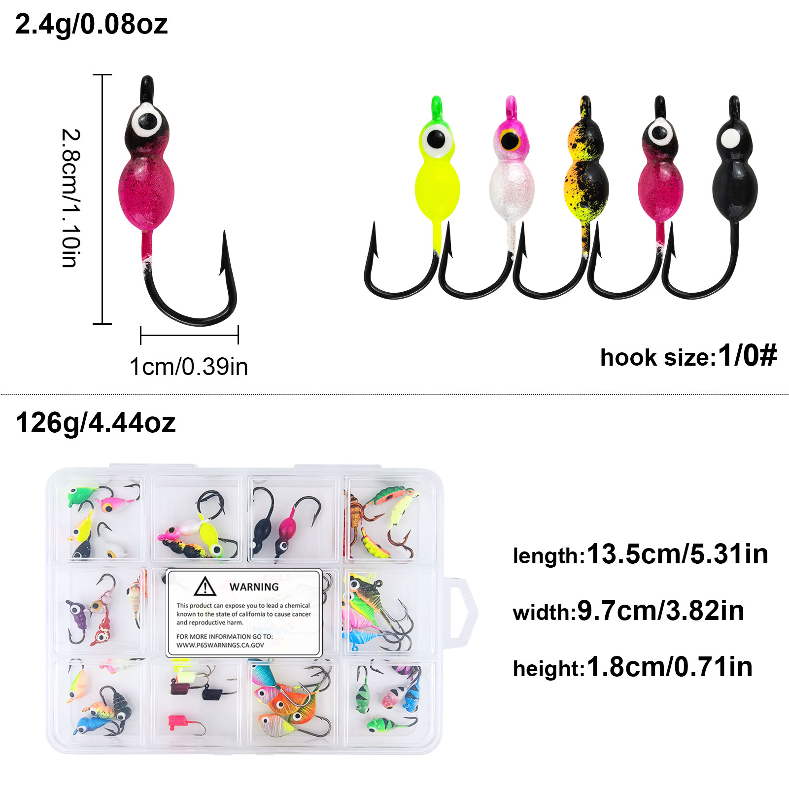 FREE FISHER 55pcs/Box Ice Fishing Jigs Lures kit,Luminous Jigs Head Fish Hooks Set for Crappie Panfish Walleye Perch Bluegill