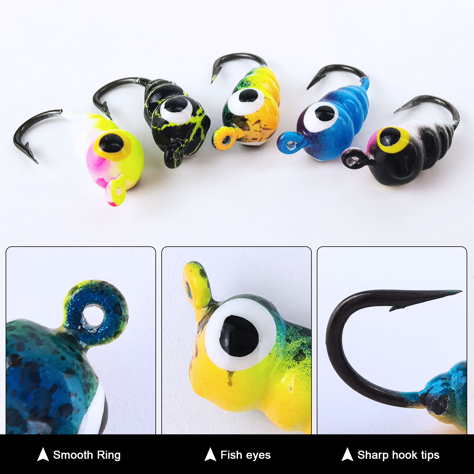 FREE FISHER 55pcs/Box Ice Fishing Jigs Lures kit,Luminous Jigs Head Fish Hooks Set for Crappie Panfish Walleye Perch Bluegill