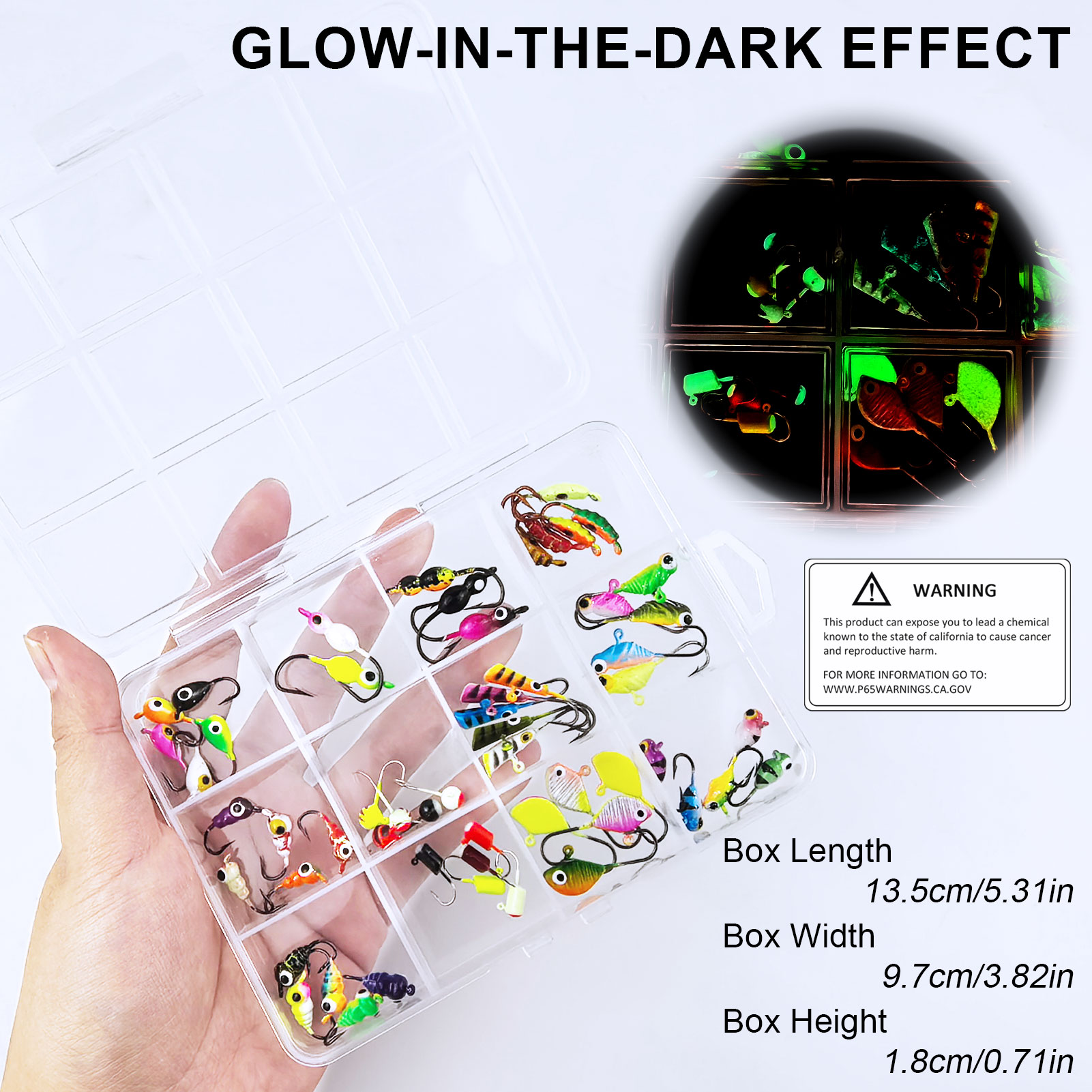 FREE FISHER 55pcs/Box Ice Fishing Jigs Lures kit,Luminous Jigs Head Fish Hooks Set for Crappie Panfish Walleye Perch Bluegill