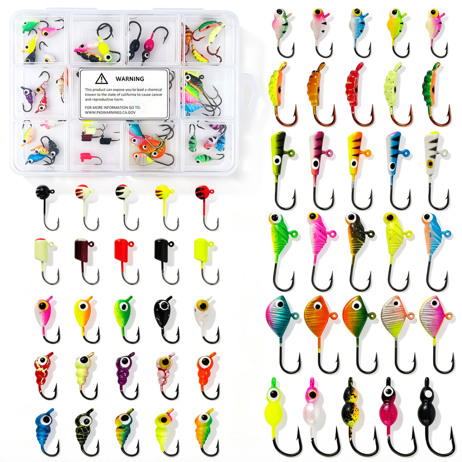 FREE FISHER 55pcs/Box Ice Fishing Jigs Lures kit,Luminous Jigs Head Fish Hooks Set for Crappie Panfish Walleye Perch Bluegill