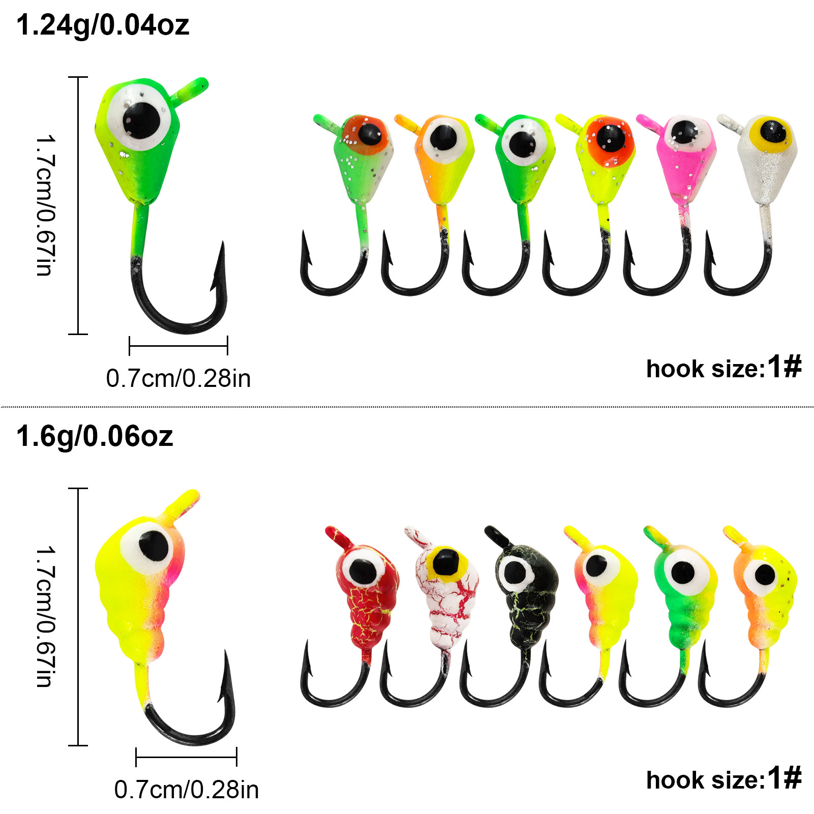 FREE FISHER 77pcs/Box Ice Fishing Jigs Lure,Mixed Luminous Jig Head Hooks,Glow Crappie Walleye Trout Winter Fish Jigs Assortment