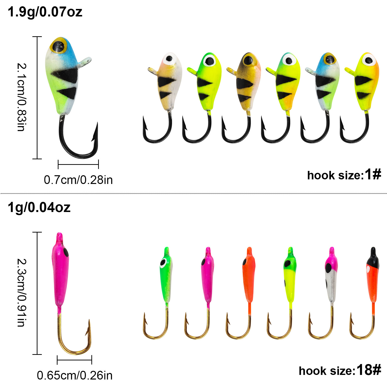 FREE FISHER 77pcs/Box Ice Fishing Jigs Lure,Mixed Luminous Jig Head Hooks,Glow Crappie Walleye Trout Winter Fish Jigs Assortment