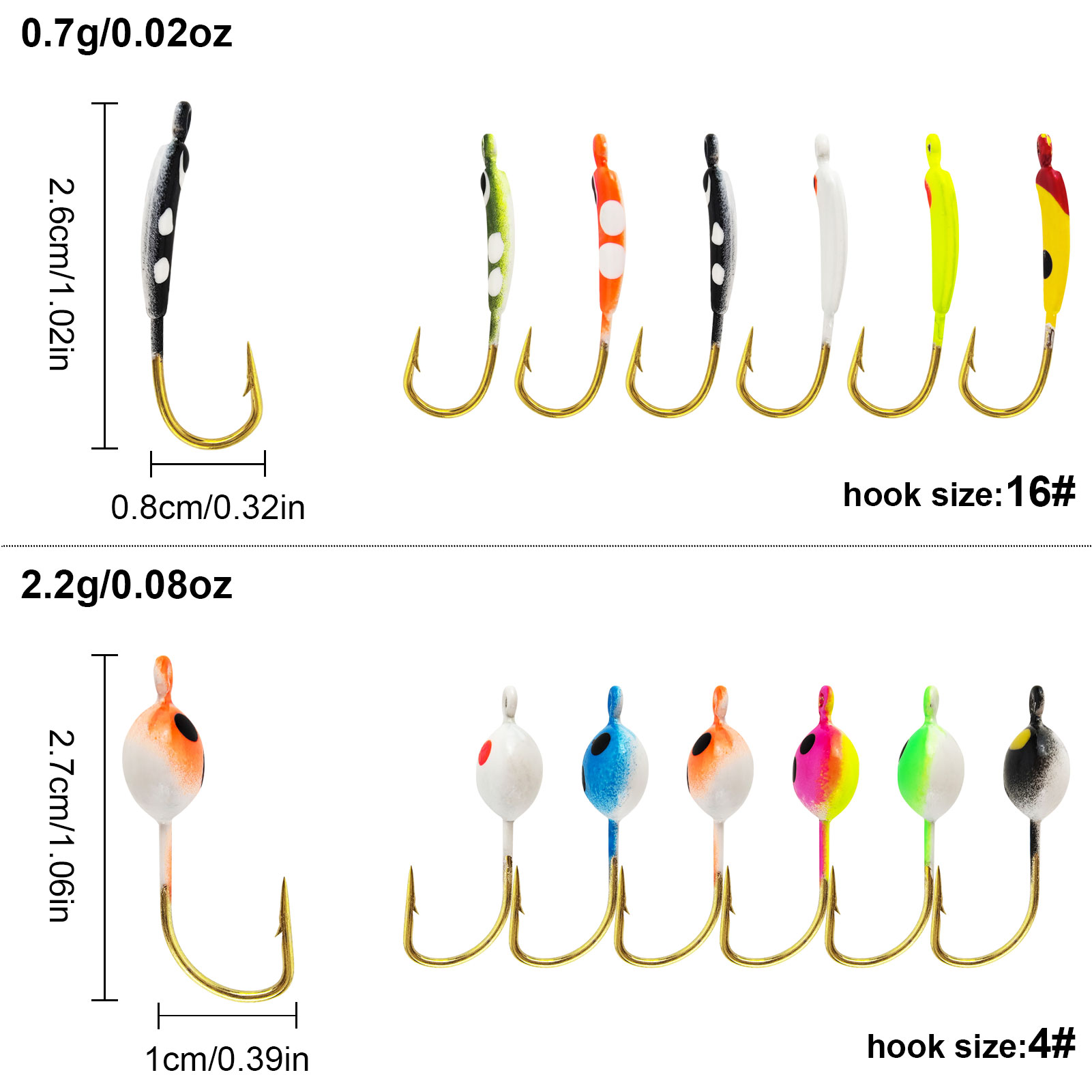 FREE FISHER 77pcs/Box Ice Fishing Jigs Lure,Mixed Luminous Jig Head Hooks,Glow Crappie Walleye Trout Winter Fish Jigs Assortment