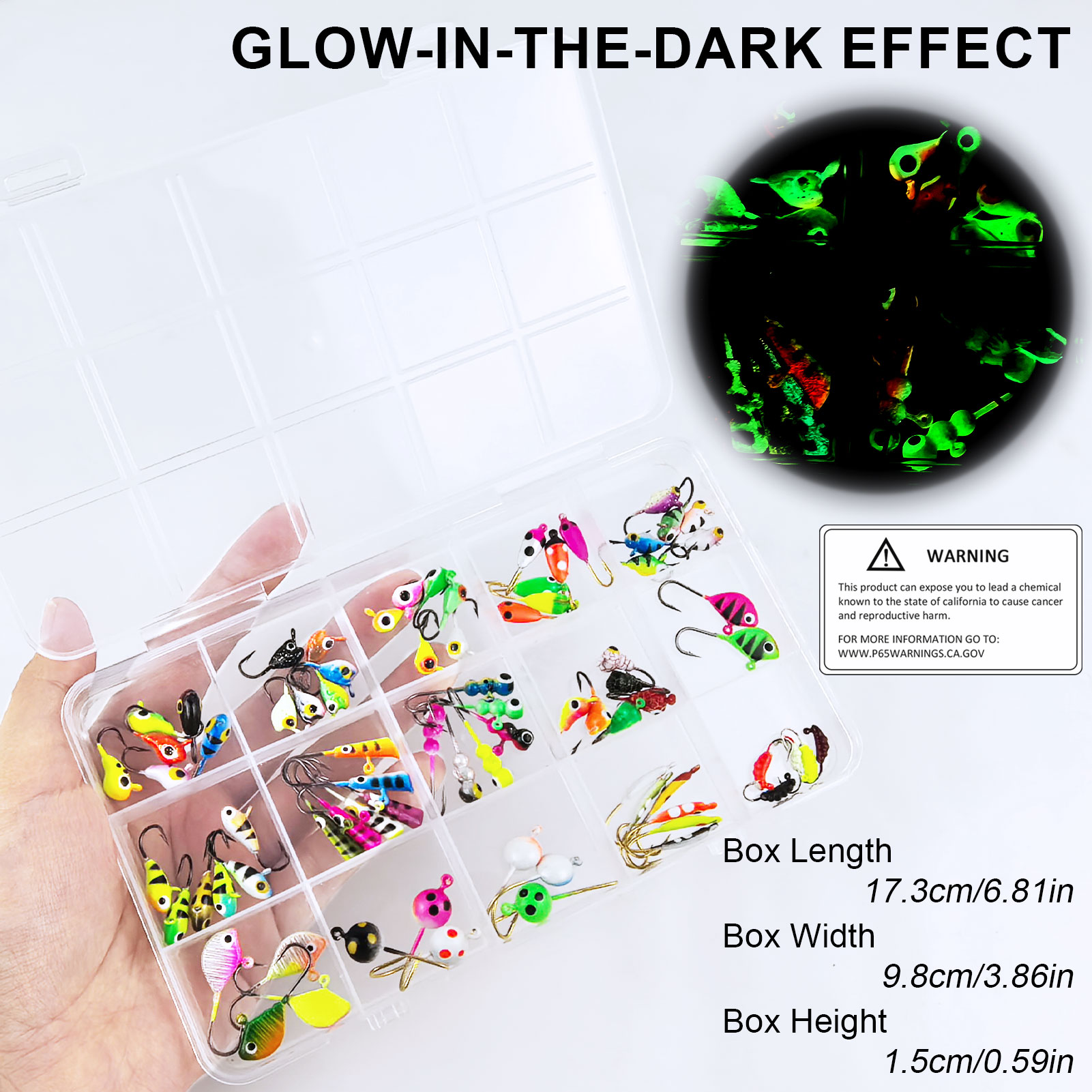 FREE FISHER 77pcs/Box Ice Fishing Jigs Lure,Mixed Luminous Jig Head Hooks,Glow Crappie Walleye Trout Winter Fish Jigs Assortment