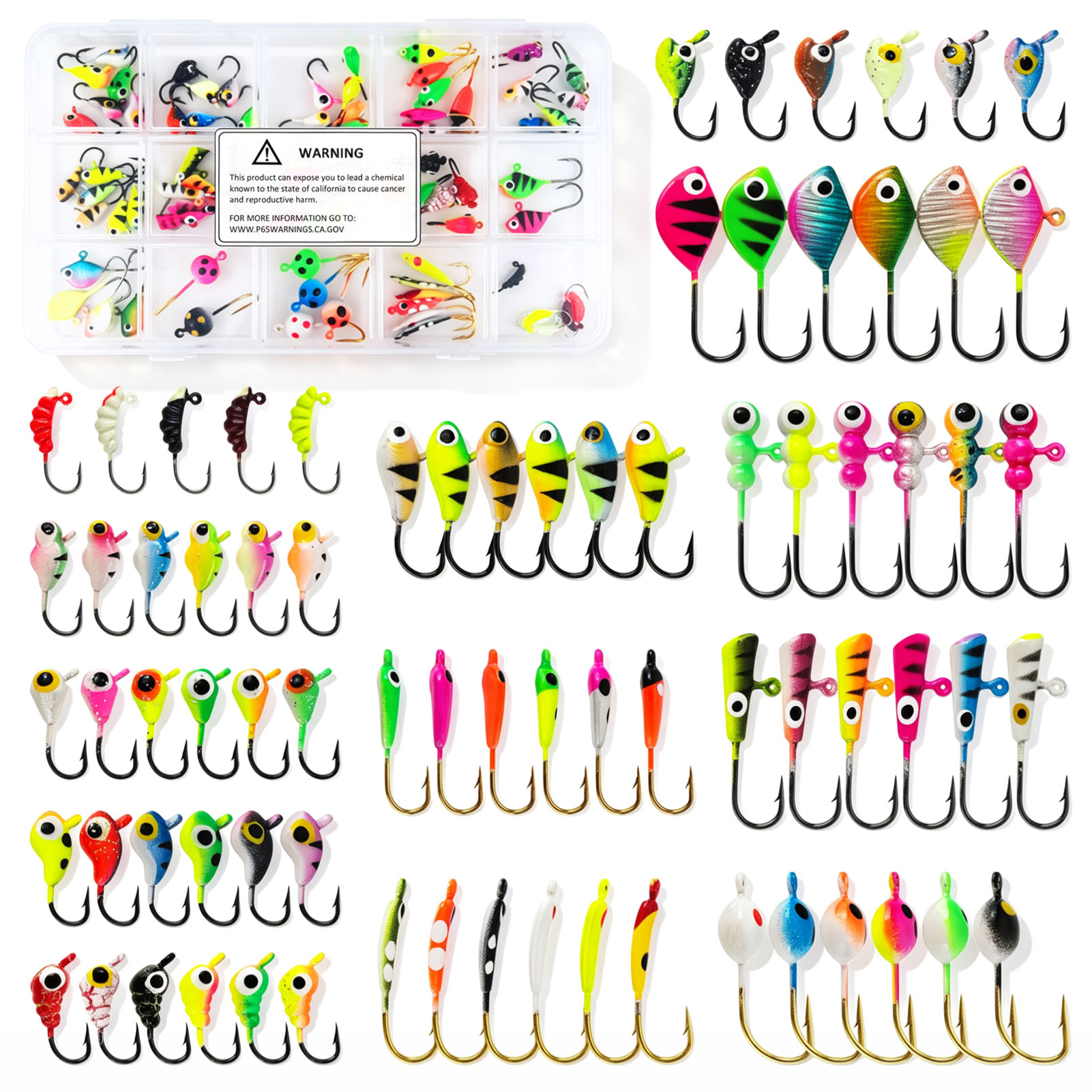 FREE FISHER 77pcs/Box Ice Fishing Jigs Lure,Mixed Luminous Jig Head Hooks,Glow Crappie Walleye Trout Winter Fish Jigs Assortment
