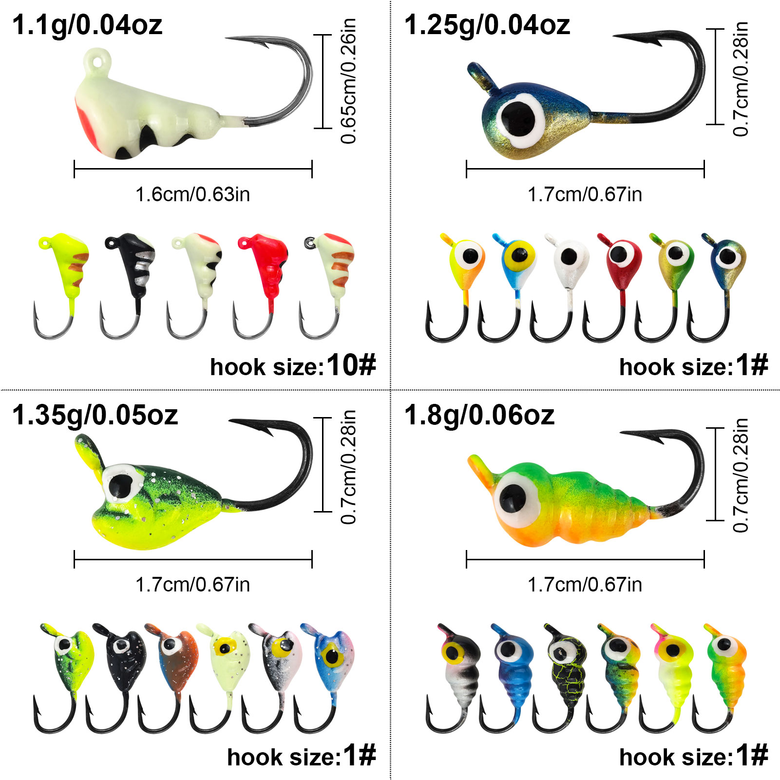 FREE FISHER 112pcs/Box Ice Fishing Jigs Mixed Luminous Jig Head Hooks,Winter Fishing Lures Walleye Bait,Glow Jigging Assortment