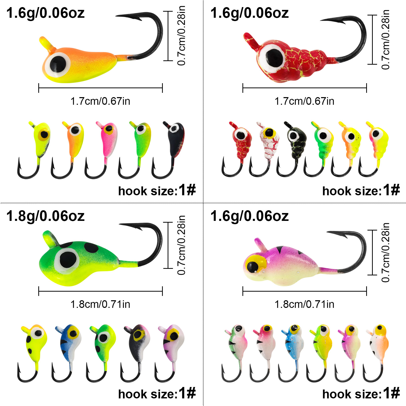 FREE FISHER 112pcs/Box Ice Fishing Jigs Mixed Luminous Jig Head Hooks,Winter Fishing Lures Walleye Bait,Glow Jigging Assortment