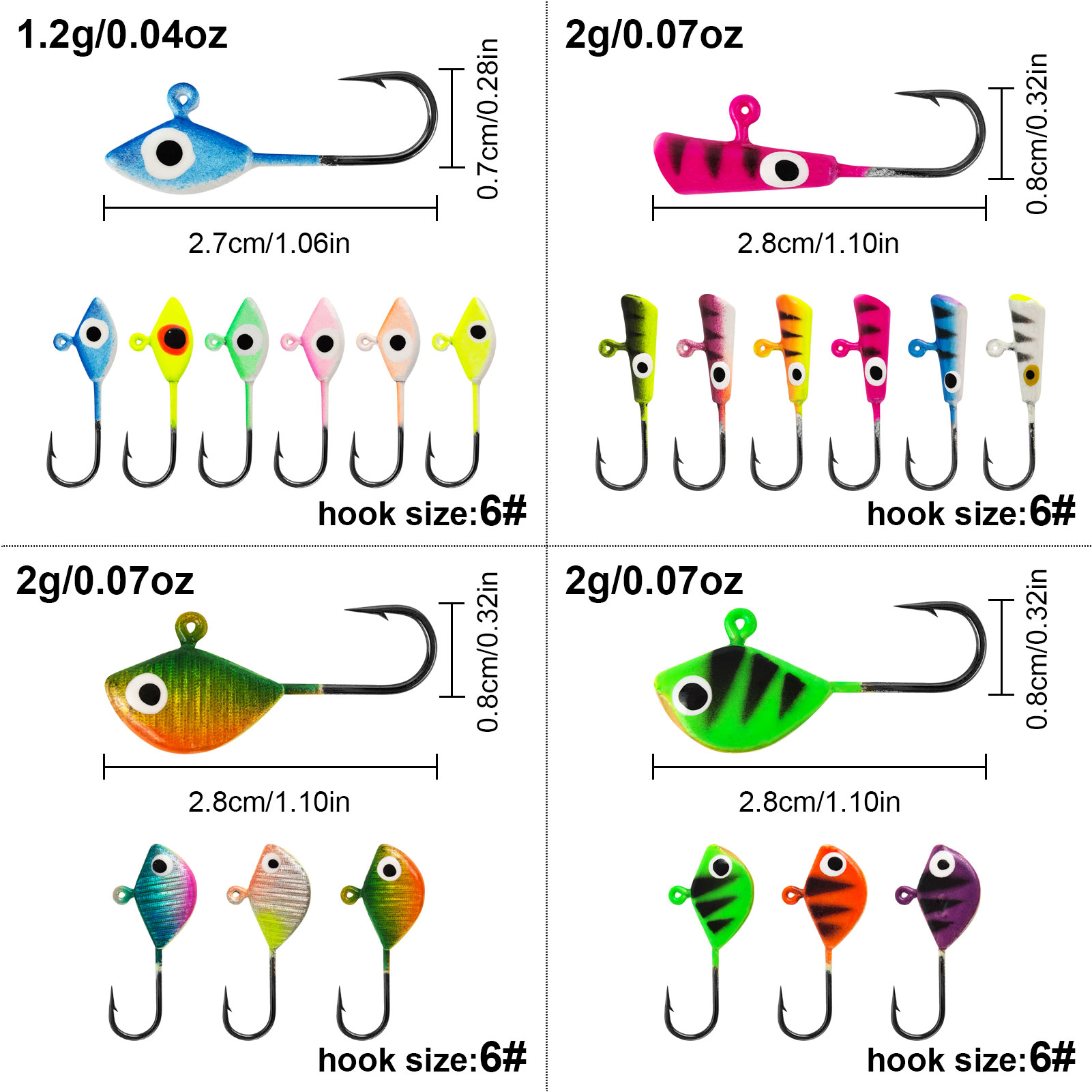 FREE FISHER 112pcs/Box Ice Fishing Jigs Mixed Luminous Jig Head Hooks,Winter Fishing Lures Walleye Bait,Glow Jigging Assortment