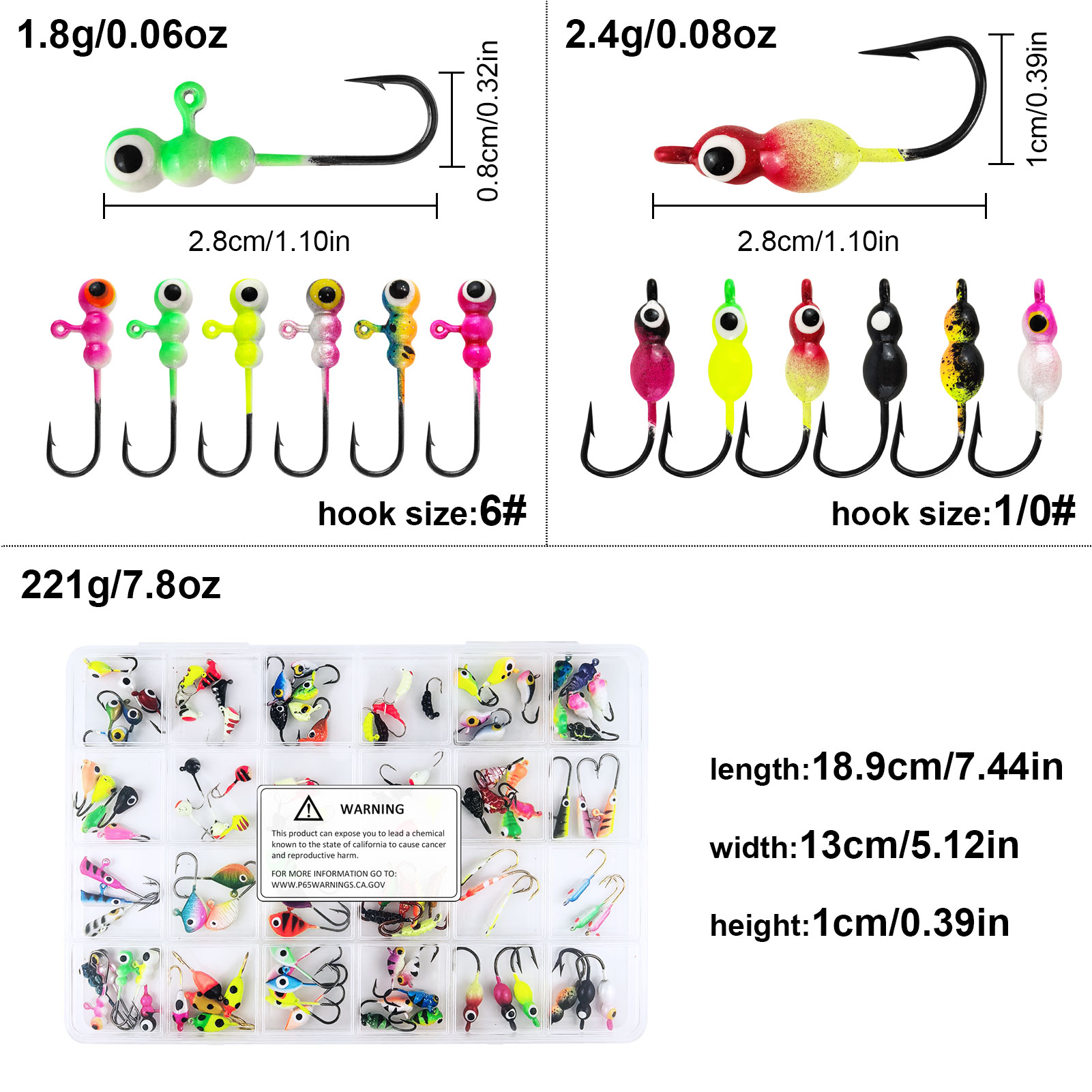 FREE FISHER 112pcs/Box Ice Fishing Jigs Mixed Luminous Jig Head Hooks,Winter Fishing Lures Walleye Bait,Glow Jigging Assortment