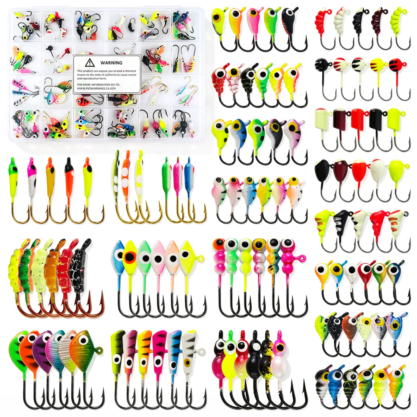 FREE FISHER 112pcs/Box Ice Fishing Jigs Mixed Luminous Jig Head Hooks,Winter Fishing Lures Walleye Bait,Glow Jigging Assortment