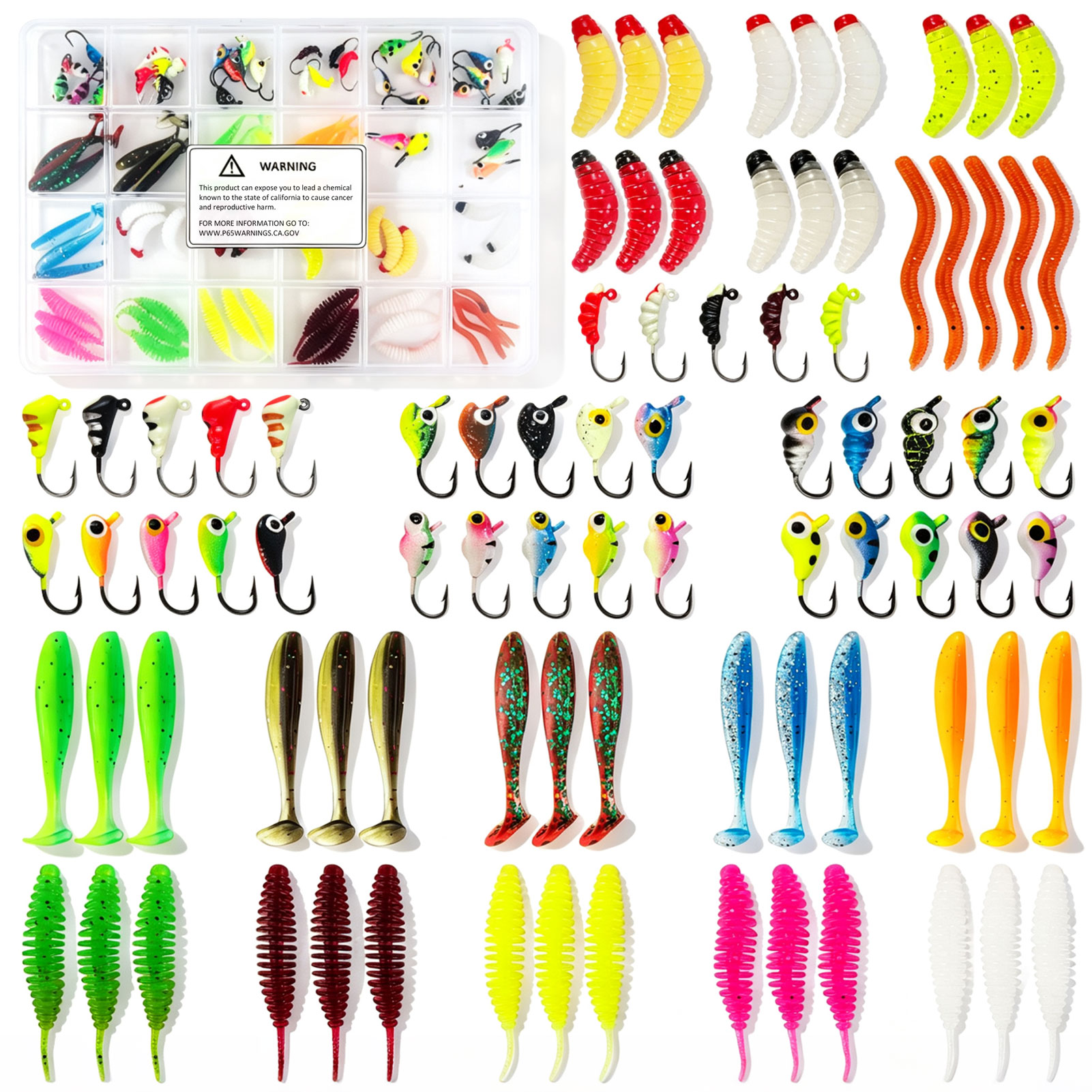 FREE FISHER 85pcs/Lot Ice Fishing Jigs Kit,Luminous Jig Head Hooks,Sinking Metal Vibration Lures,Assorted Trout Worm Swimbaits