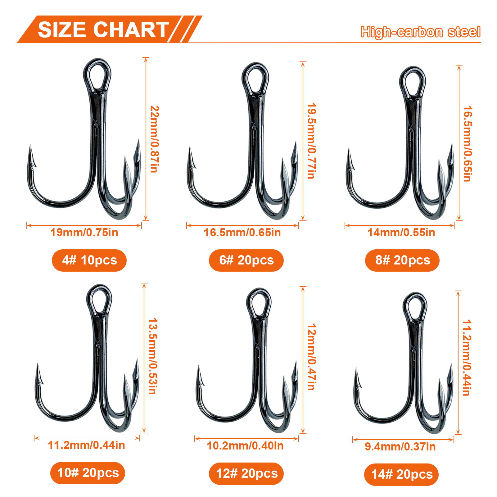 FREE FISHER 111pcs Mixed Size Fishing Hooks Kit 35647 4-14# Nickle Black Treble Hooks High Carbon Steel Sharp Round Bend Triple Hooks Pesca