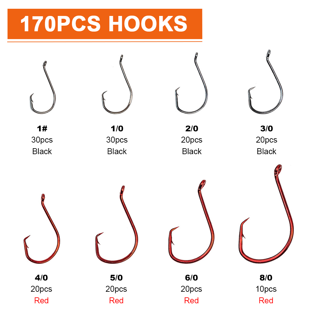 FREE FISHER 170pcs Fishing Hooks Kit 7384 Strong Offset Sport Circle Hooks with Barbs Black High Carbon Steel Octopus Saltwater/Freshwater