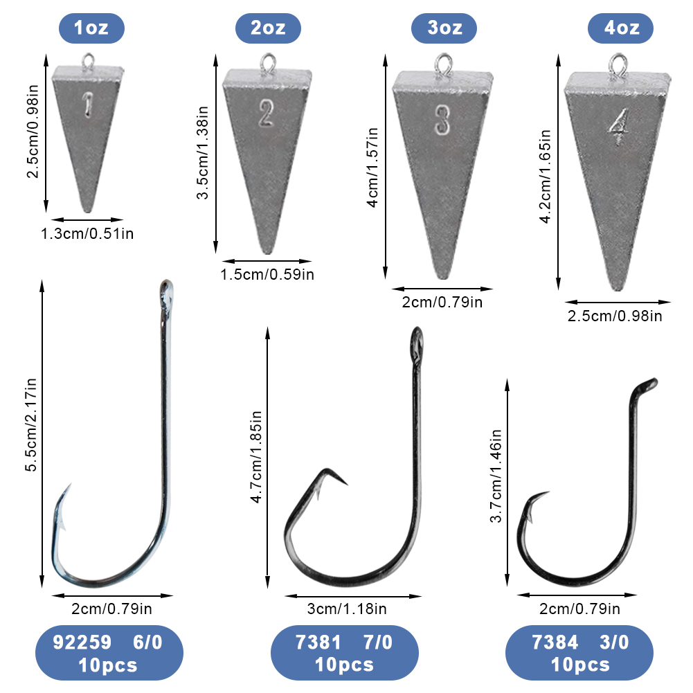 FREE FISHER 46pcs Fishing Gear Steel Wire Mixed Sharp Carbon Steel Hooks Lead Sinkers Four-cornered Fishing Weights Sinkers 1-4oz for Sea Fishing