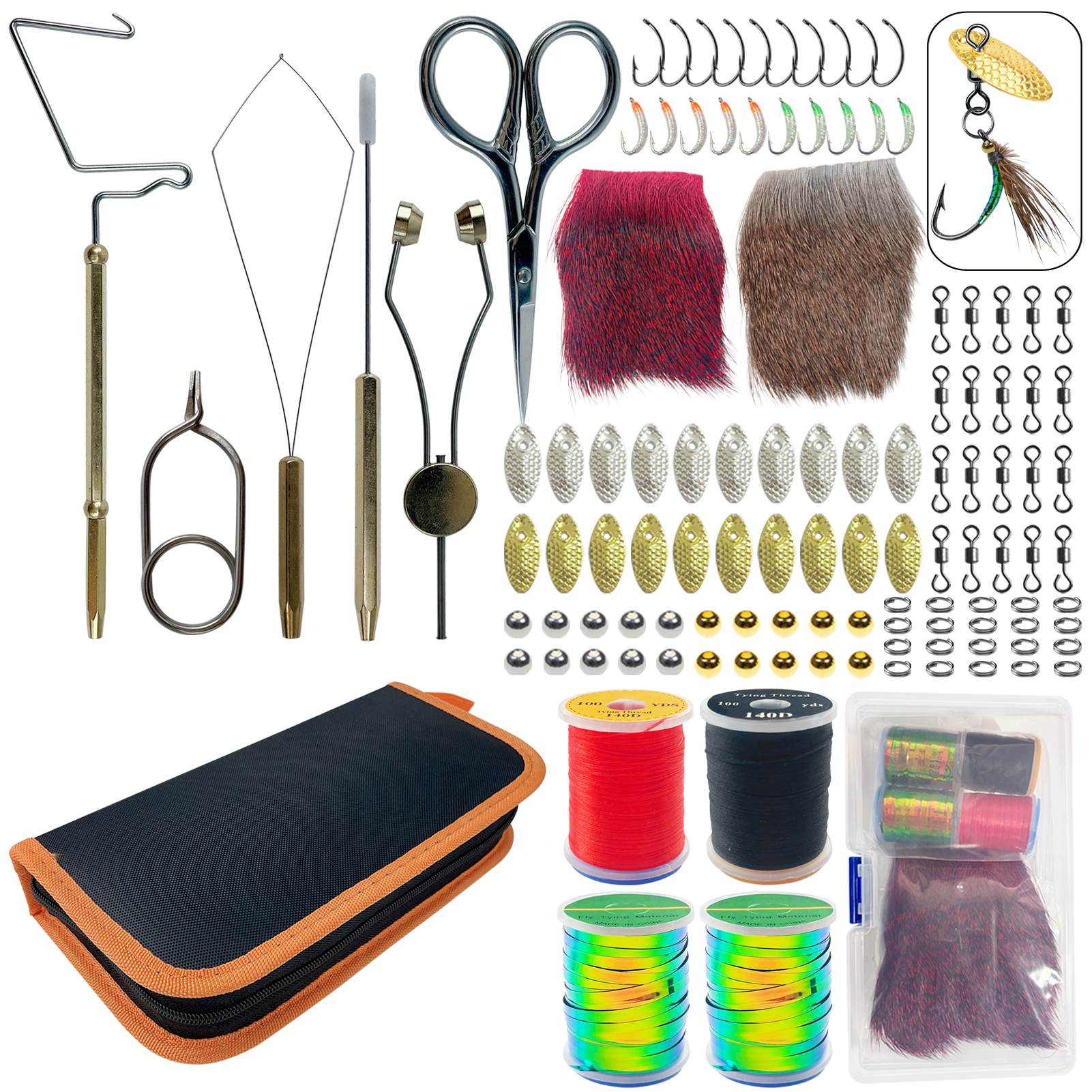 FREE FISHER DIY Insect Lure Materials Kit,114pcs/Lot Fishing Flies Tying Tool Bag,Hooks Sequins Animals Hair Swivels Fly Baits