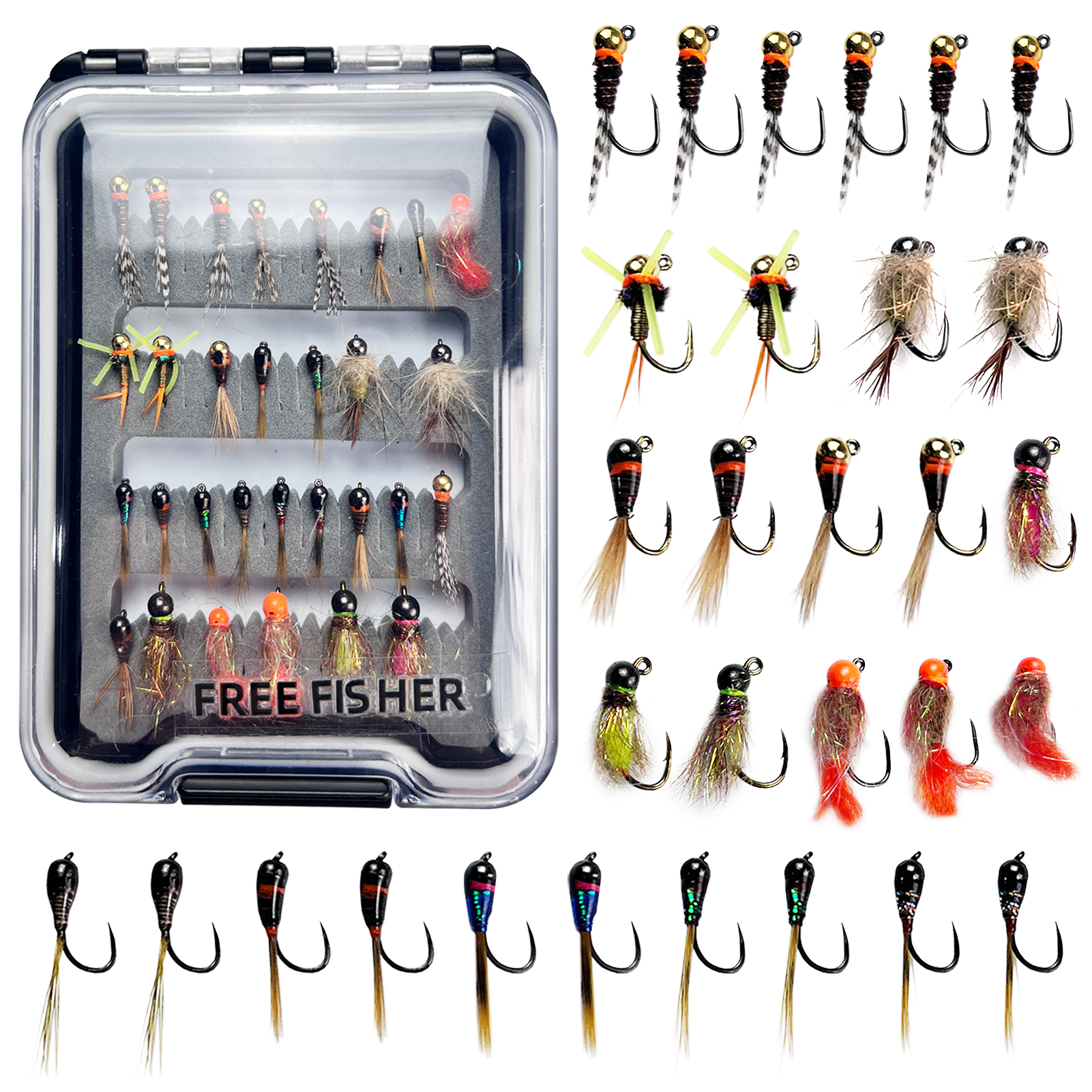 FREE FISHER Fishing Flies Set with Fly Box Squirmy Worm Nymph Flies Hooks Feather Fly Fishing Baits Tungsten Head Sharp Fishhook for Freshwater