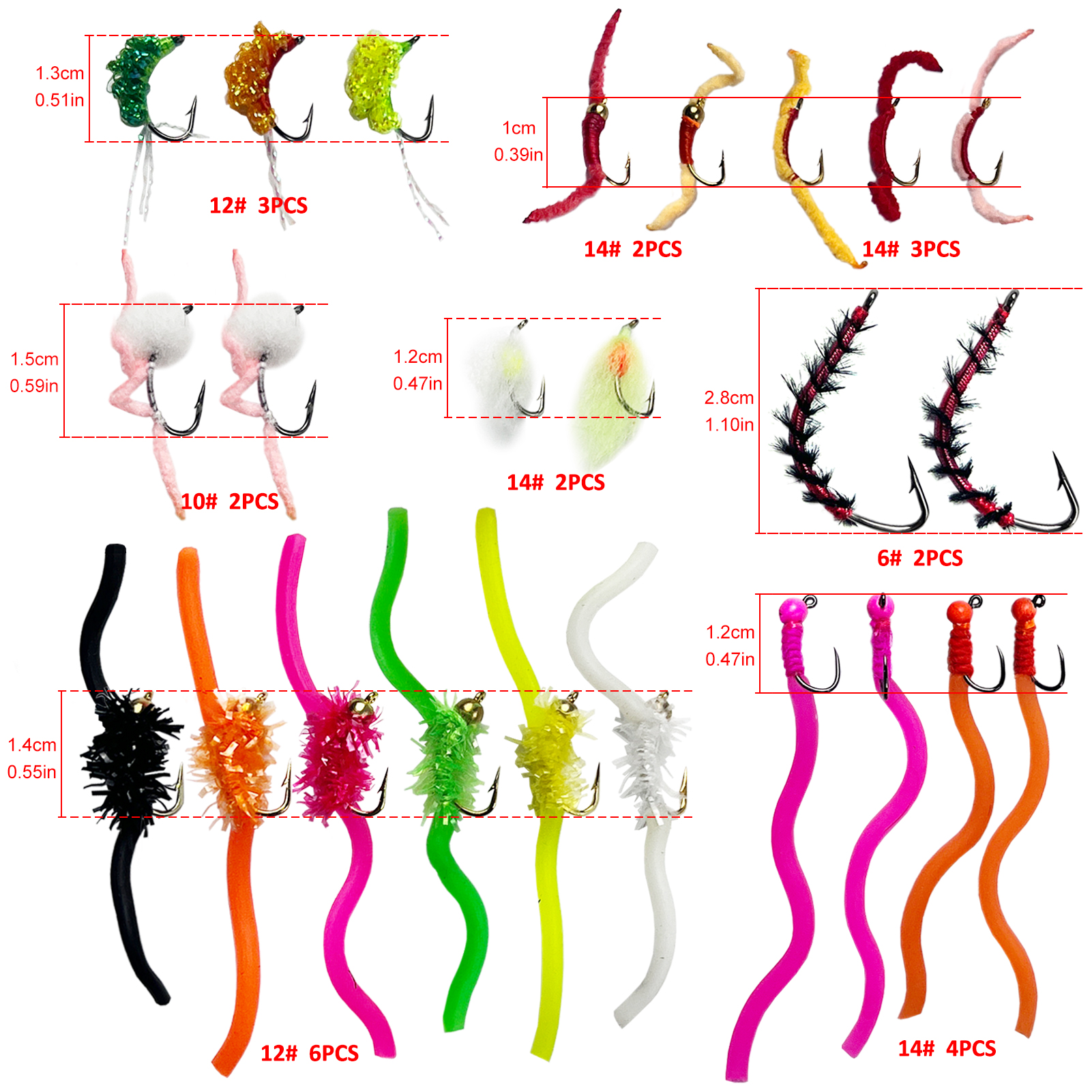 FREE FISHER Fishing Flies Set with Fly Box Squirmy Worm Nymph Flies Hooks Feather Fly Fishing Baits Tungsten Head Sharp Fishhook for Freshwater