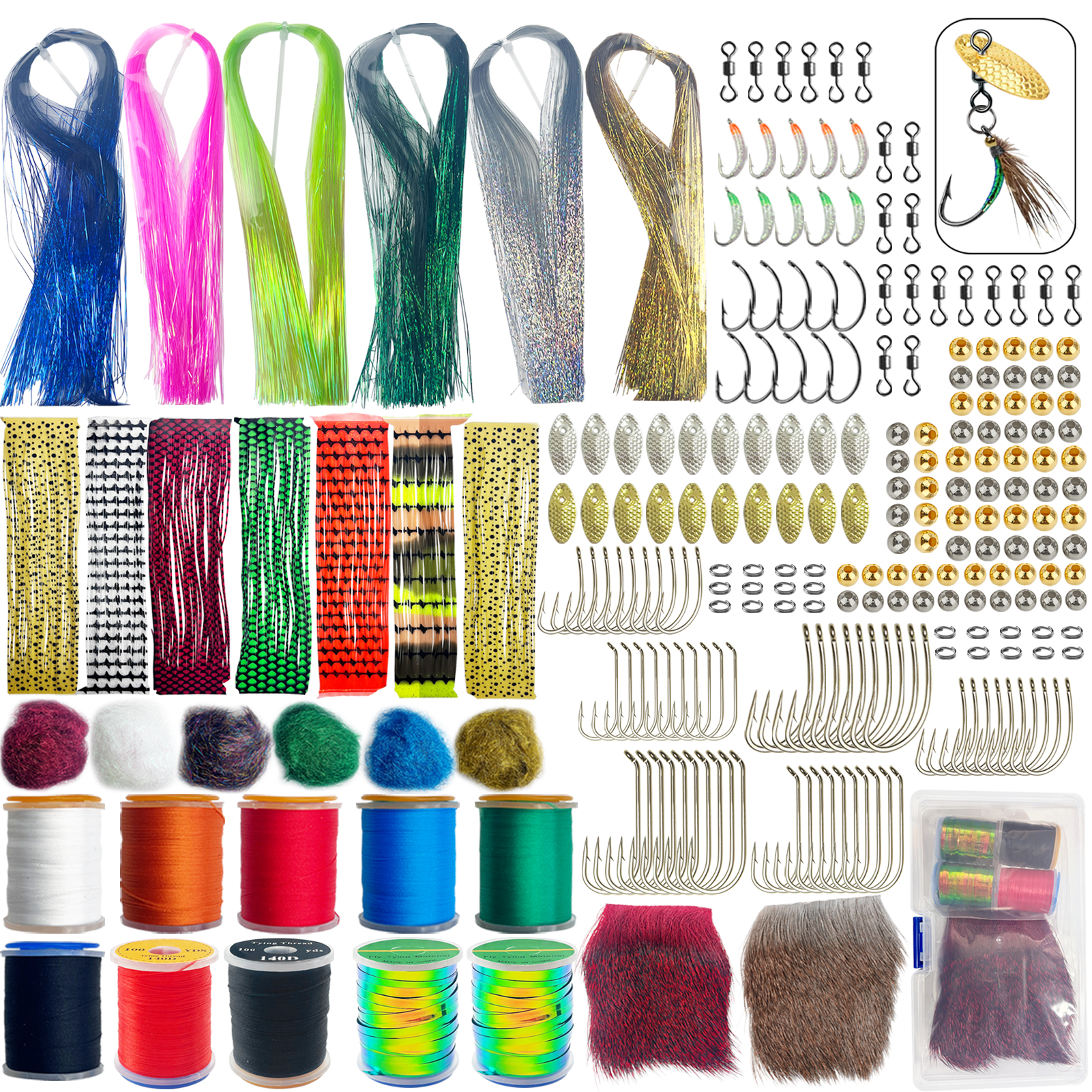 FREE FISHER Tying Flies Materials,DIY Insect Lures Kit,252pcs/Lot Fishing Fly Hooks Sequins Thread Crystal Flash Wires Swivels