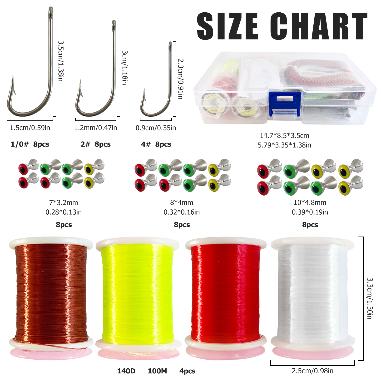 FREE FISHER 58pcs/Box Assorted Dumbbell Eyes Fly Tying Materials Barbell Eyes Colorful-Wire Hooks DIY Fly Fishing Flies Baits Accessories