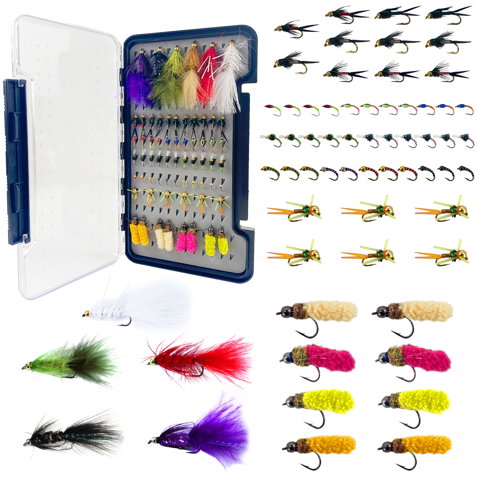 FREE FISHER Fishing Flies Lure Kit,Fly Fishing Feather Baits,Mixed Nymph  Wet/Dry Flies,Streamers Artificial Baits Fly Hooks Box