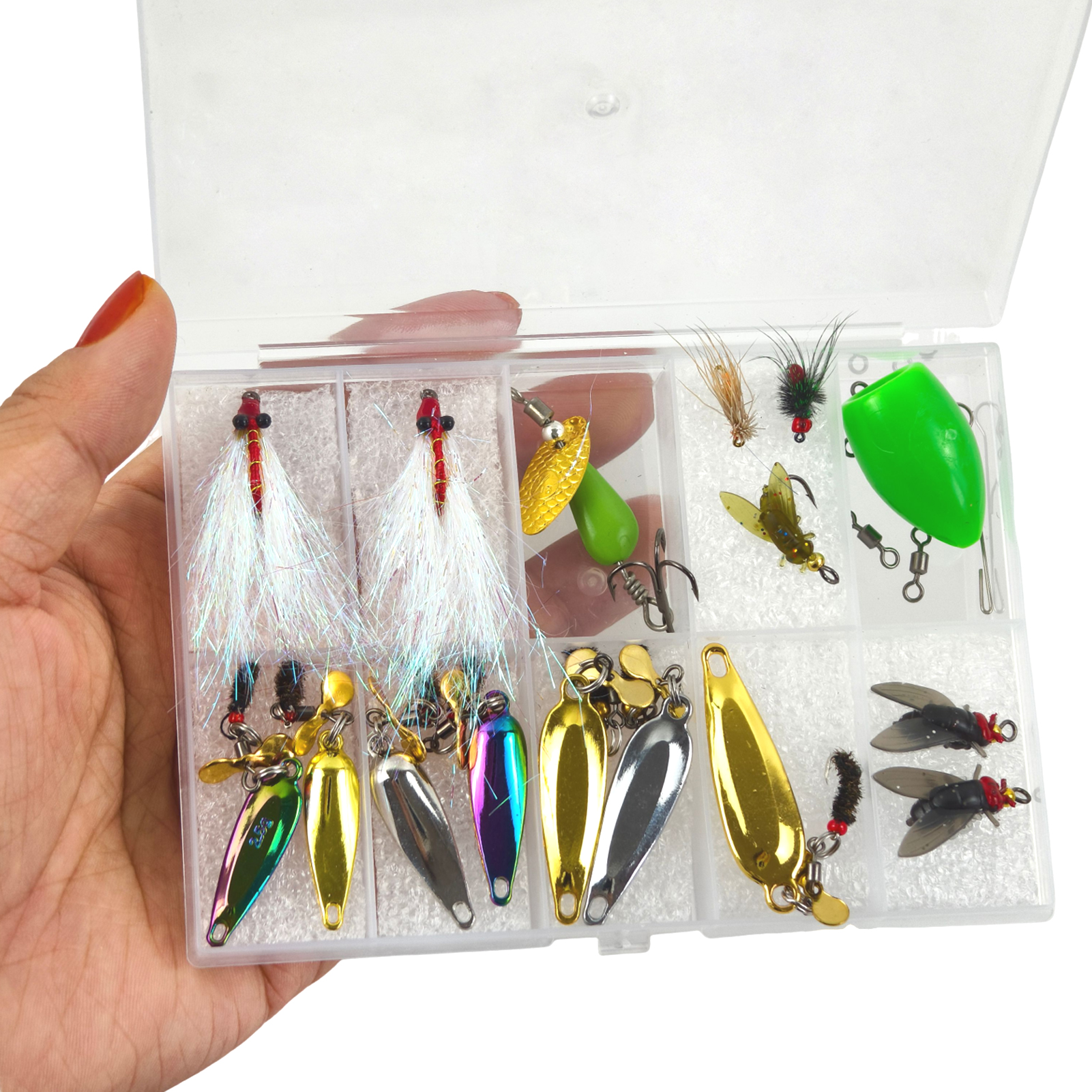 FREE FISHER 22pcs/Lot Fishing Composite Spoon Baits,Fly Fishing Lures,Metal Bladed Spinnerbaits,Casting Rotation Soft Flies Kit