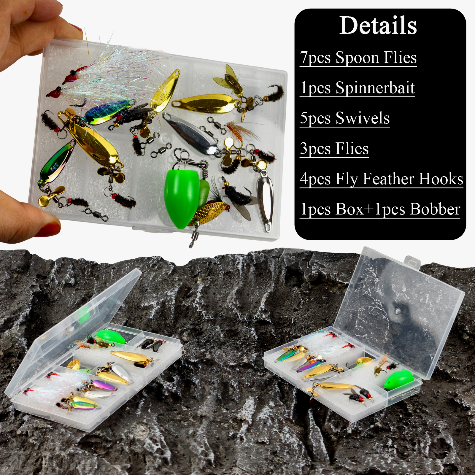 FREE FISHER 22pcs/Lot Fishing Composite Spoon Baits,Fly Fishing Lures,Metal Bladed Spinnerbaits,Casting Rotation Soft Flies Kit