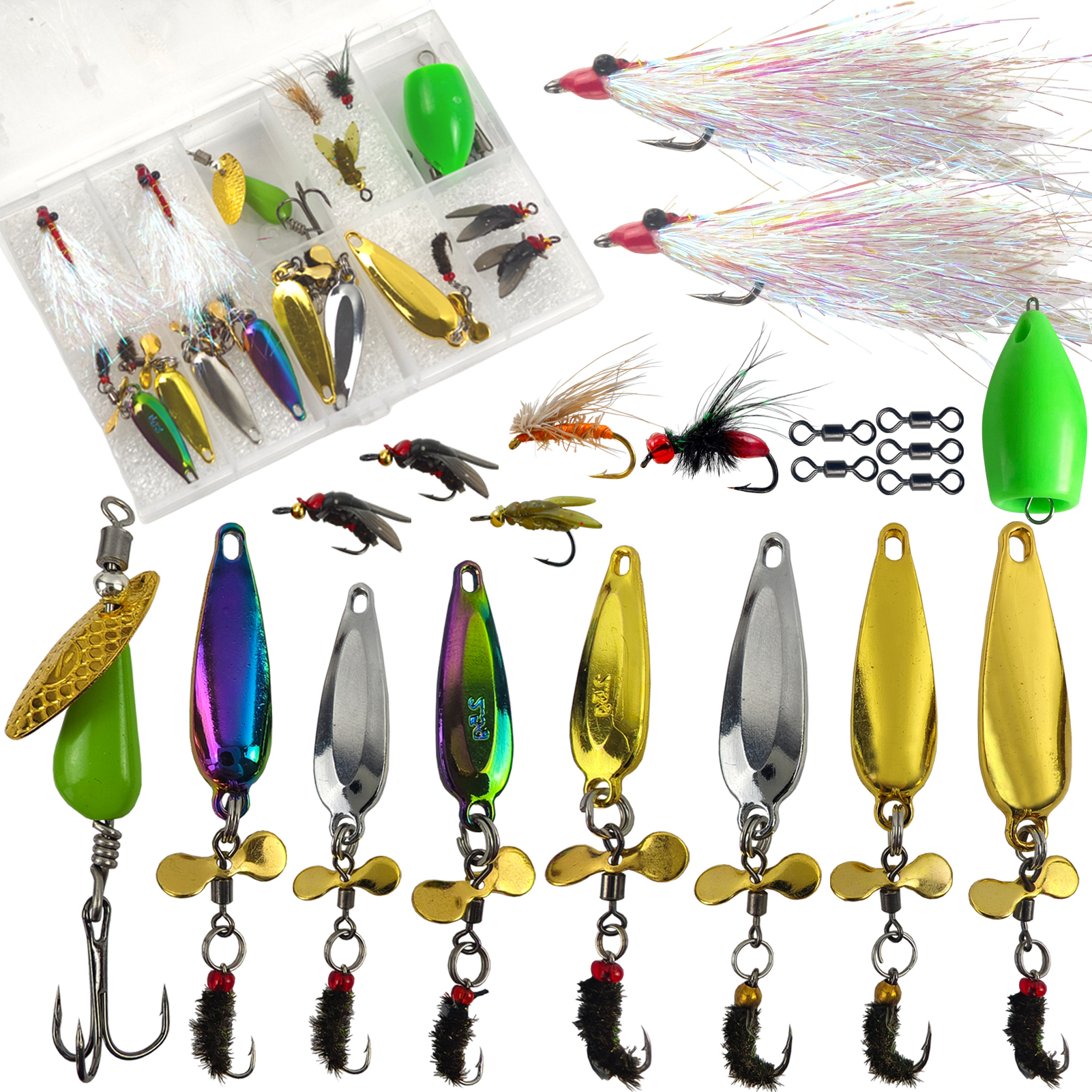 FREE FISHER 22pcs/Lot Fishing Composite Spoon Baits,Fly Fishing Lures,Metal Bladed Spinnerbaits,Casting Rotation Soft Flies Kit