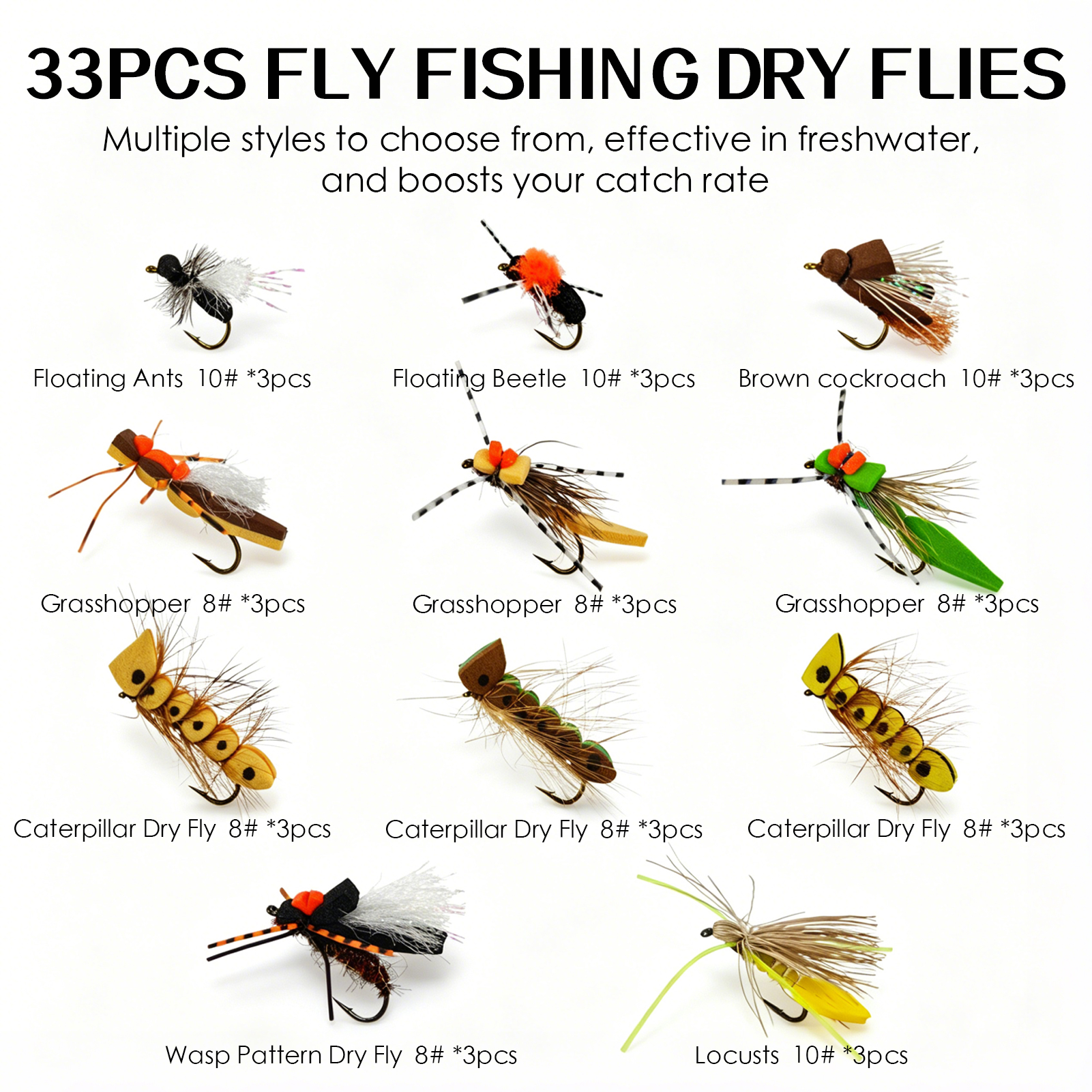FREE FISHER 33pcs/Box Foam Flies Assortment,Topwater Hoppers Chernobyl Ants Bugs,Dry Fly Fishing Trout Artificial Baits with Box 