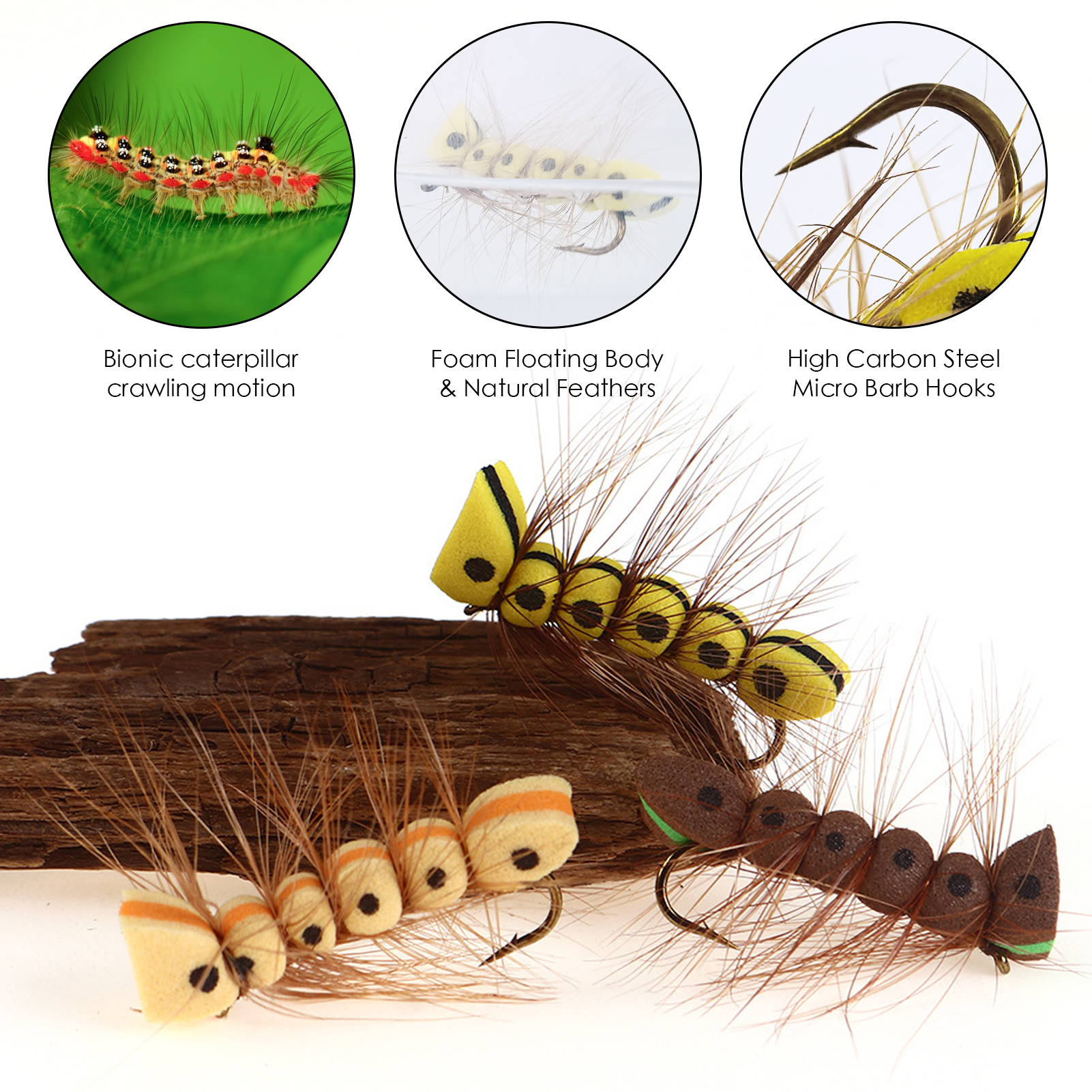 FREE FISHER 33pcs/Box Foam Flies Assortment,Topwater Hoppers Chernobyl Ants Bugs,Dry Fly Fishing Trout Artificial Baits with Box 