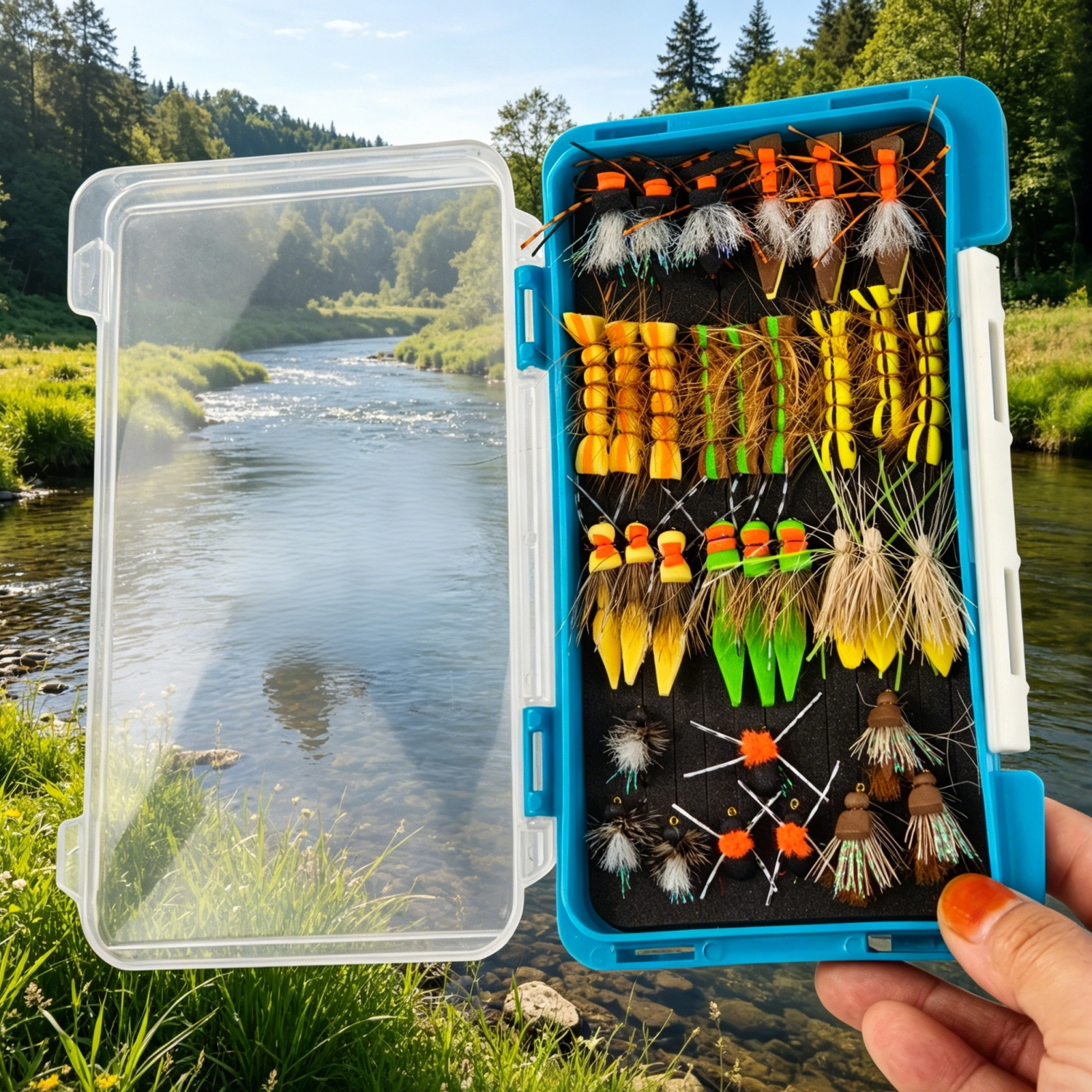 FREE FISHER 33pcs/Box Foam Flies Assortment,Topwater Hoppers Chernobyl Ants Bugs,Dry Fly Fishing Trout Artificial Baits with Box 