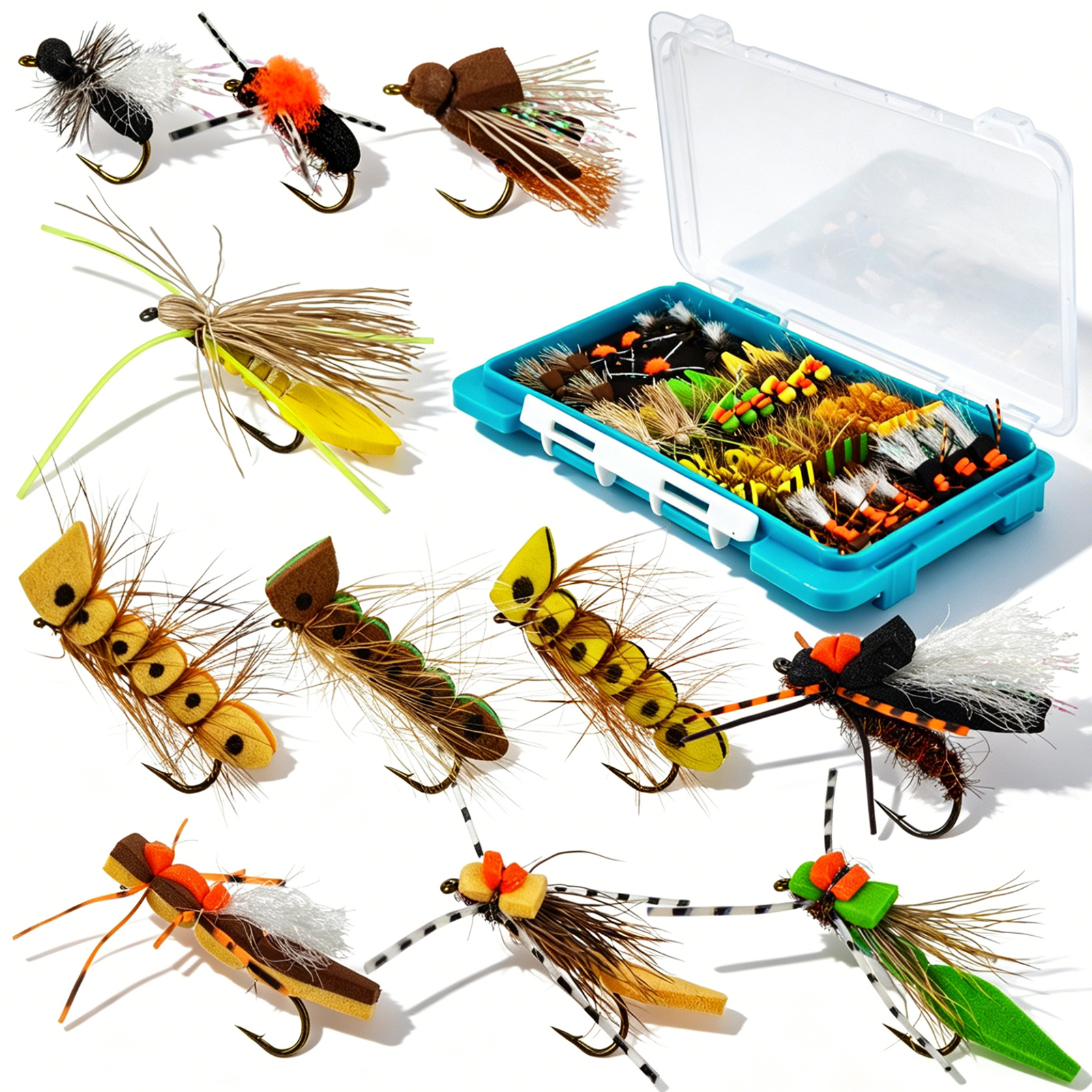 FREE FISHER 33pcs/Box Foam Flies Assortment,Topwater Hoppers Chernobyl Ants Bugs,Dry Fly Fishing Trout Artificial Baits with Box 