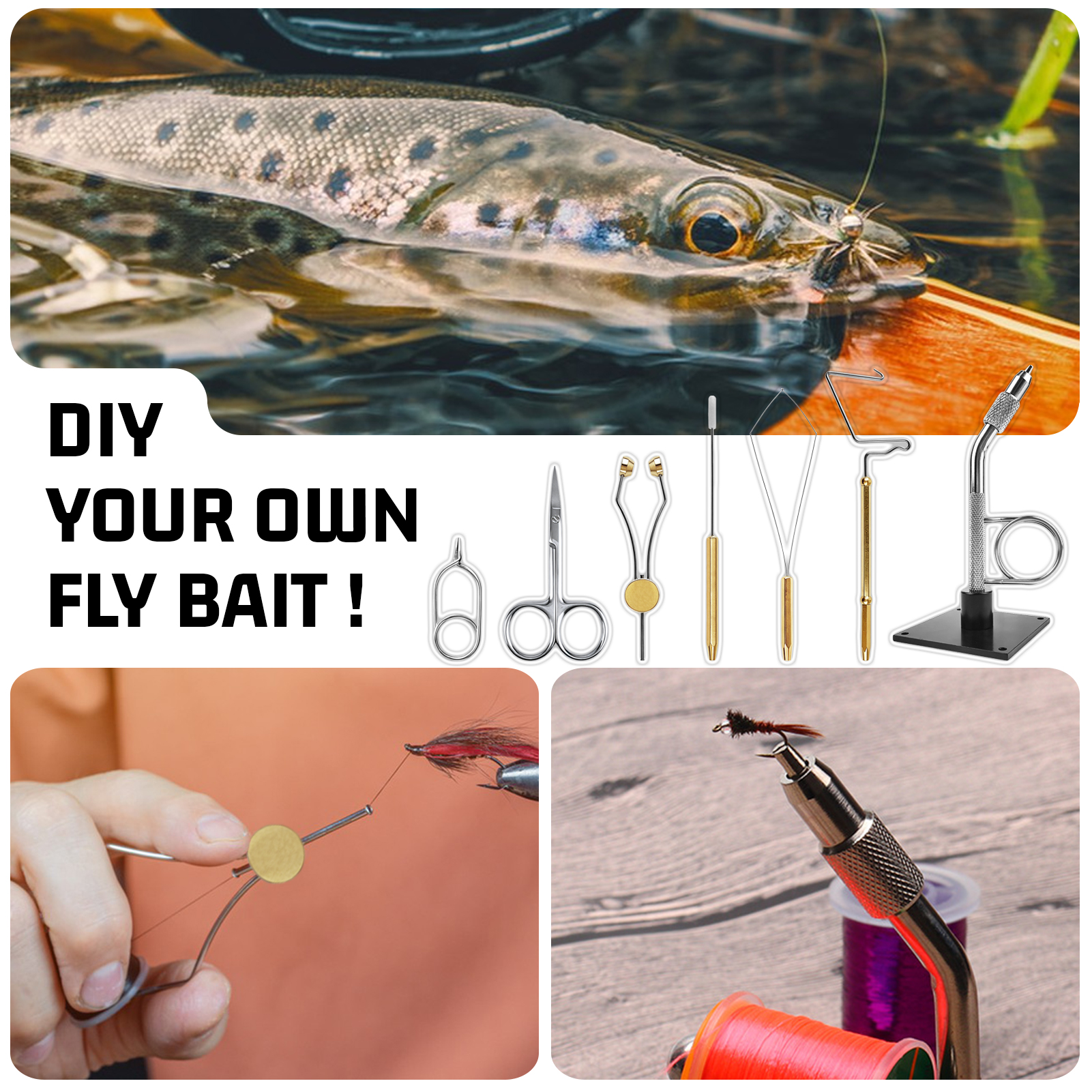FREE FISHER 135pcs/Lot Fly Fishing Tying Tools Kit,Tying Flies Holder,Whip Finisher Bobin Scissors,Materials Threader Knotter