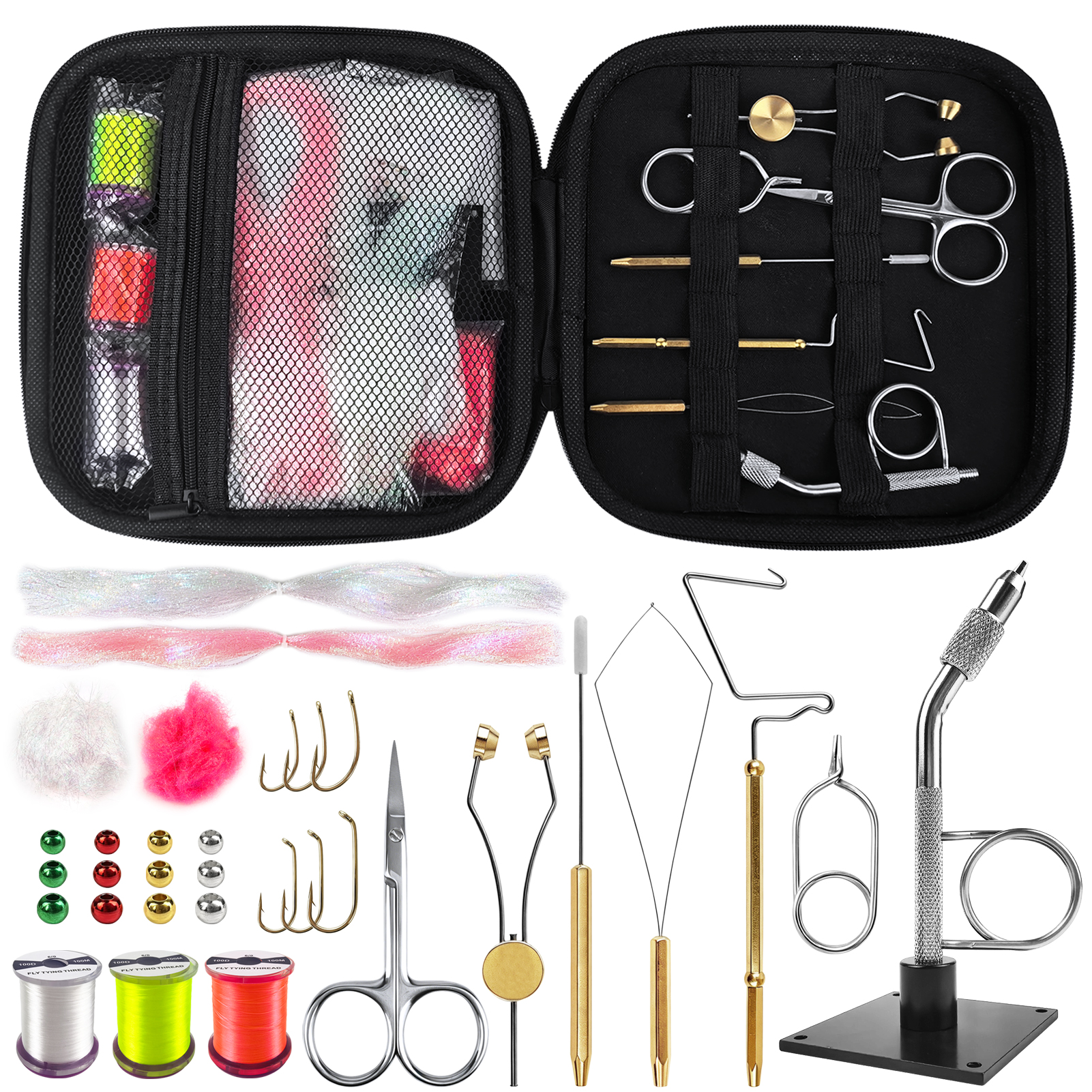 FREE FISHER 135pcs/Lot Fly Fishing Tying Tools Kit,Tying Flies Holder,Whip Finisher Bobin Scissors,Materials Threader Knotter