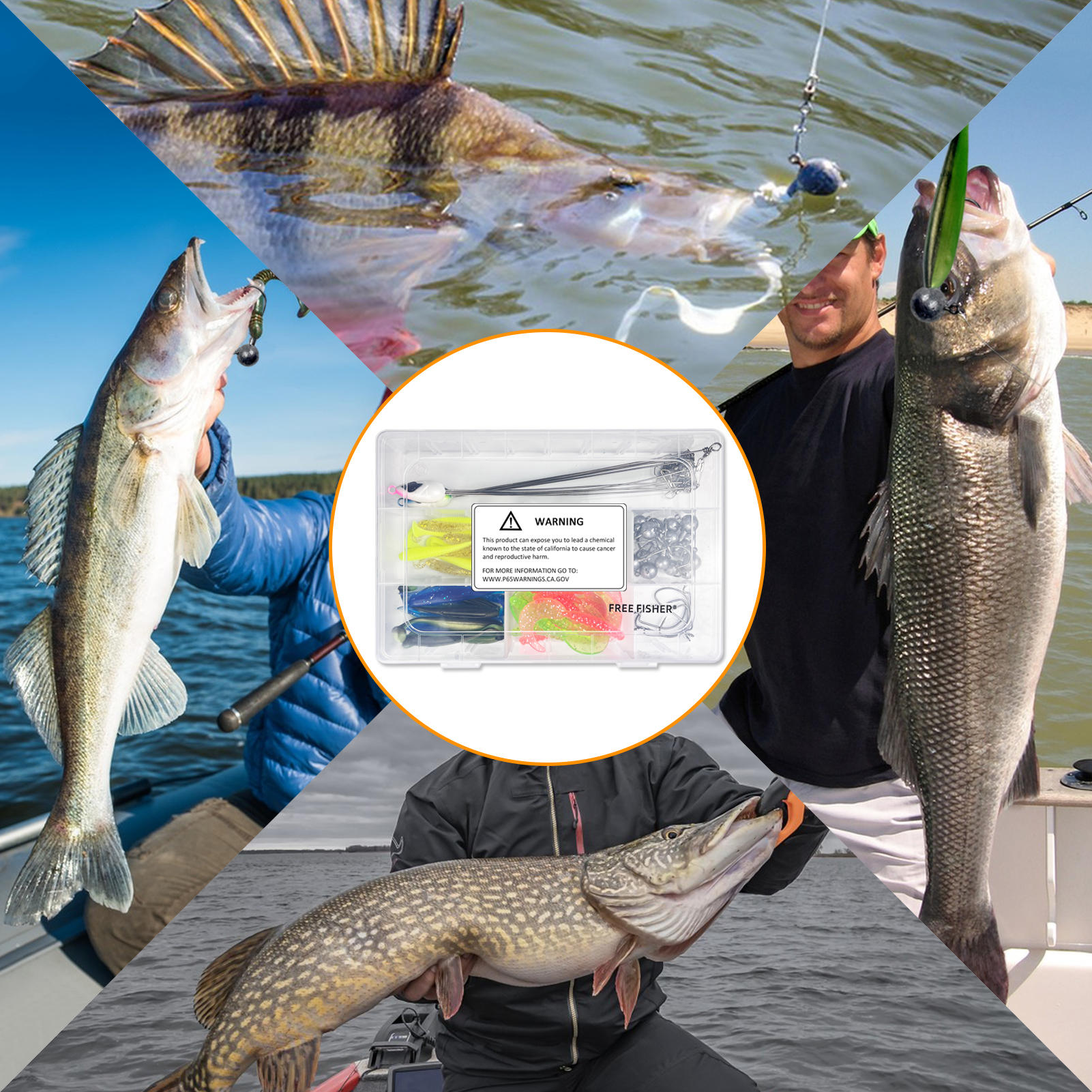 FREE FISHER 63pcs/Box Fishing Soft Lures Set Umbrella Rigs with 5-Arm Alabama Rig Baits Hooks Fishing Tackle Box for Freshwater/Saltwater