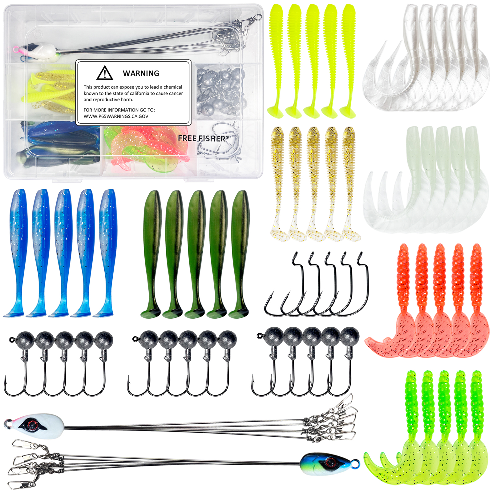 FREE FISHER 63pcs/Box Fishing Soft Lures Set Umbrella Rigs with 5-Arm Alabama Rig Baits Hooks Fishing Tackle Box for Freshwater/Saltwater