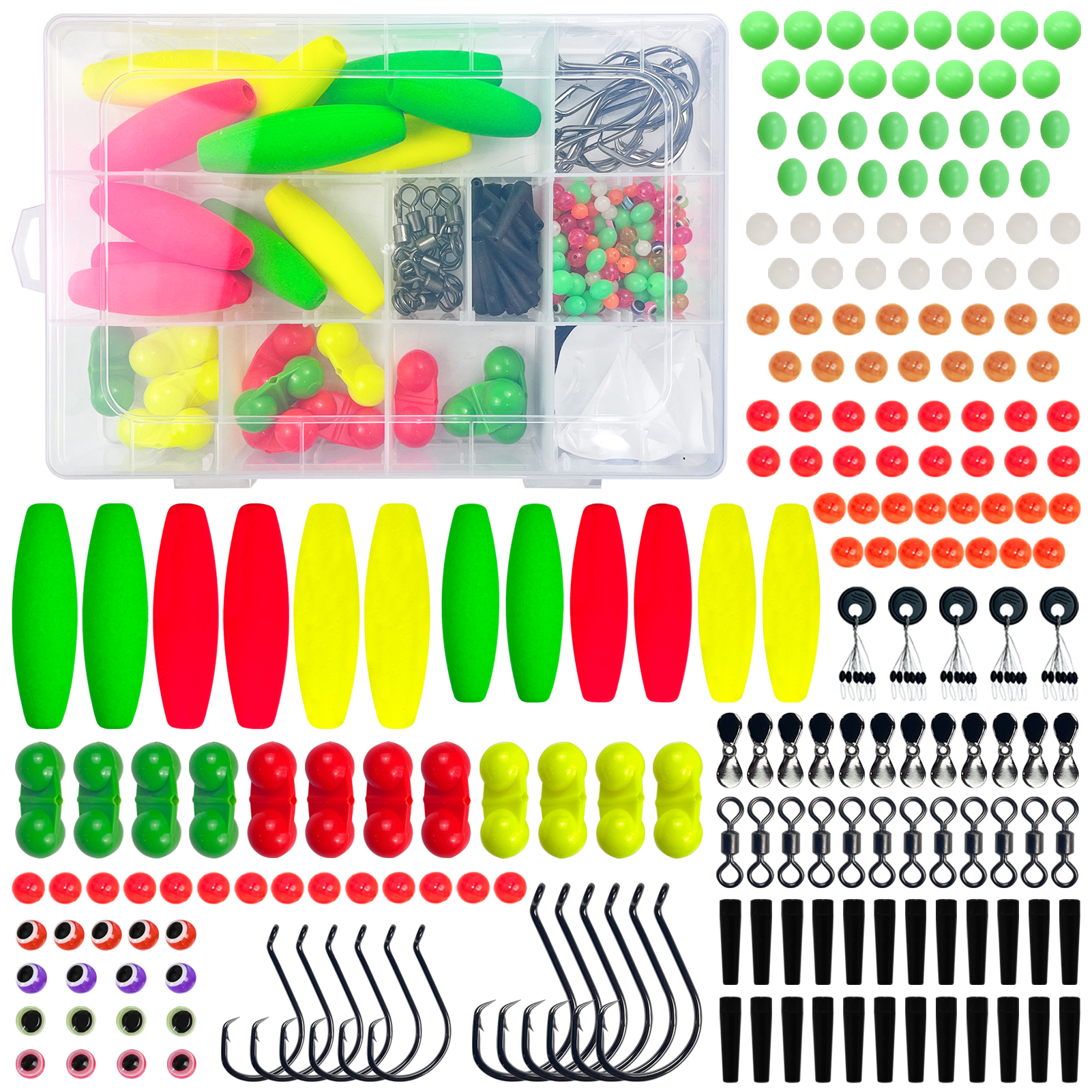 FREE FISHER 212pcs/Lot Foam Fishing Floats Kit with Beads Hooks Space Beans Swivels Fishing Rig Baits Accessories Bobbers Buoy Assorted Set