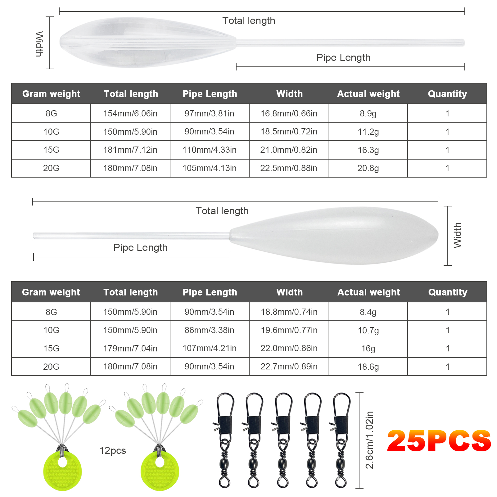 FREE FISHER 25-29pcs Fishing Floats Set 8-20g Throwing Upward Bobber Acrylic Long Casting Fishing Buoy Space Beans Swivels Kit for Carp Bass