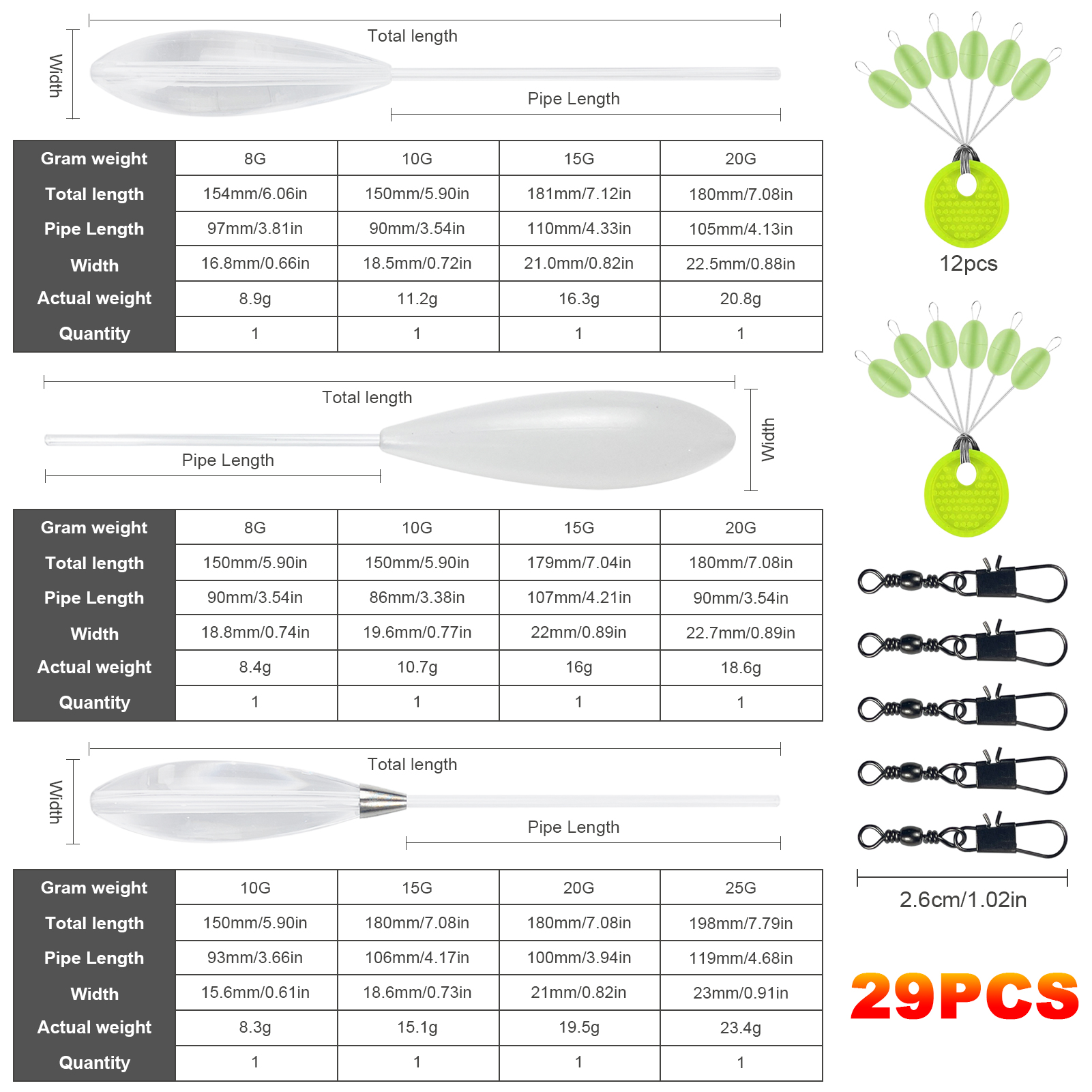 FREE FISHER 25-29pcs Fishing Floats Set 8-20g Throwing Upward Bobber Acrylic Long Casting Fishing Buoy Space Beans Swivels Kit for Carp Bass