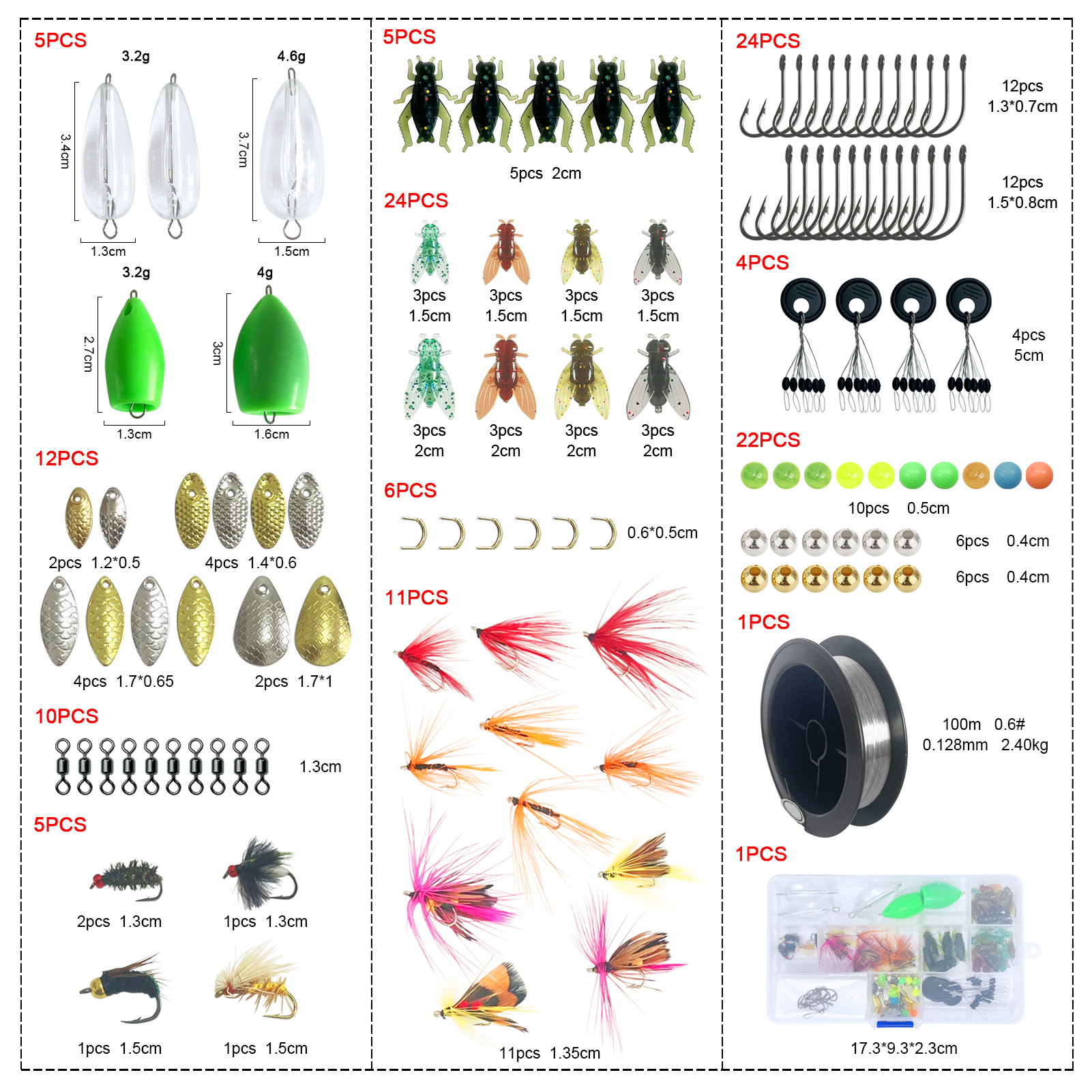 FREE FISHER 130pcs Fly Fishing Kit Bionic Fishing Fly Baits Throwing Aids with Flies Swivels Hooks Space Beans Metal Sequins for Freshwater