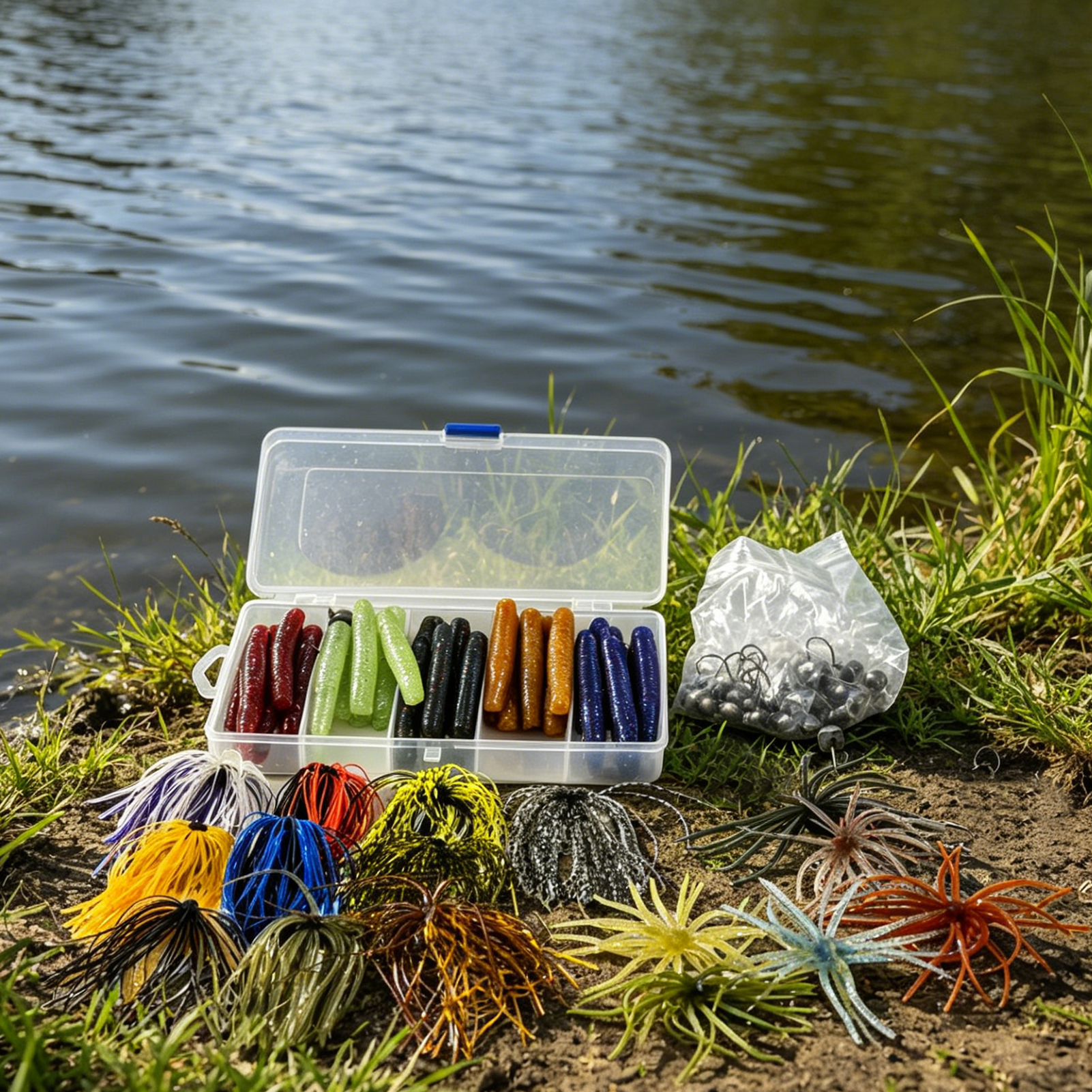 FREE FISHER 77pcs/Lot Soft Worm Lures with Ned Hook,Fishing Mushroom Jigs,Sea Urchin Bait Rigs,Finesse Stickworms Rubber Skirts