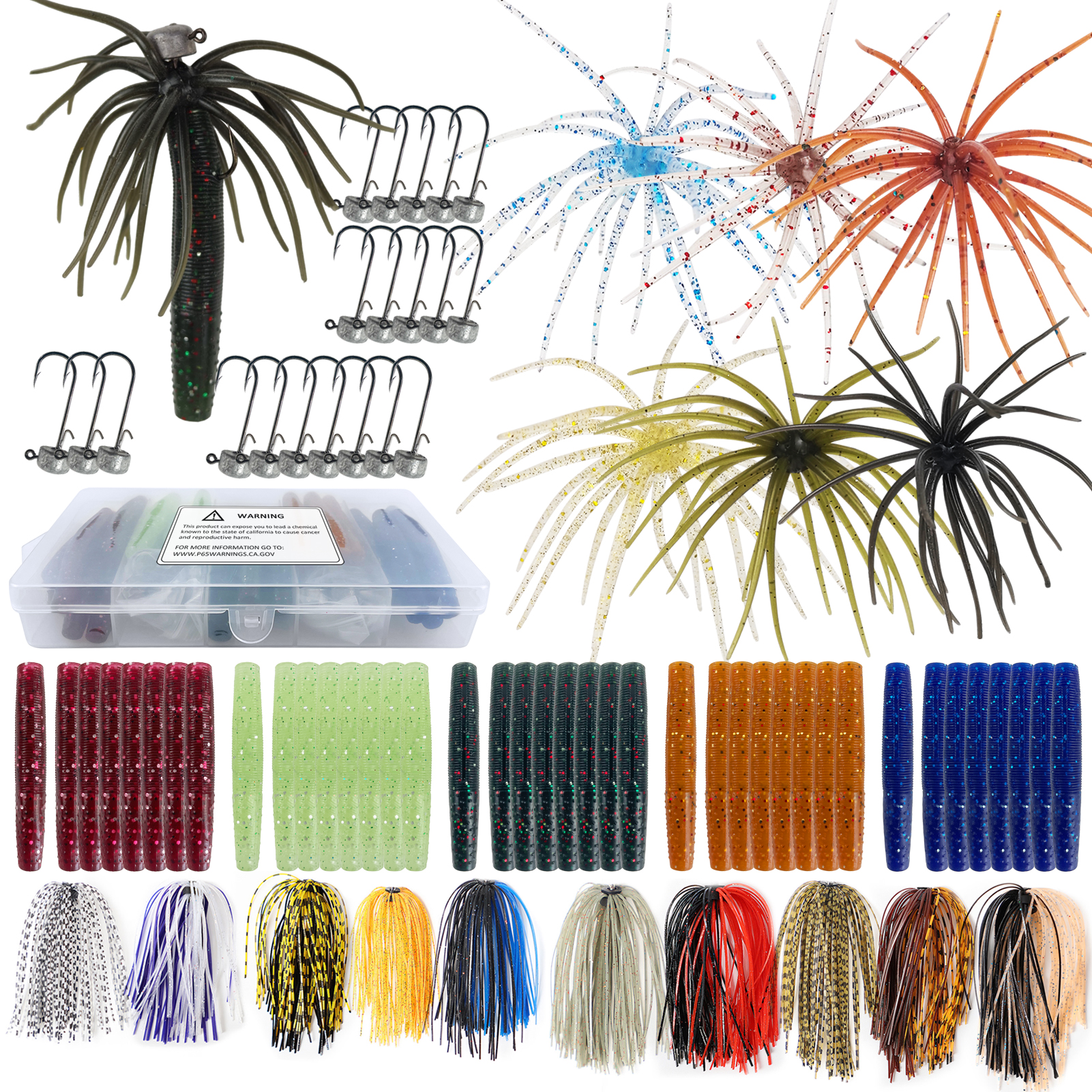 FREE FISHER 77pcs/Lot Soft Worm Lures with Ned Hook,Fishing Mushroom Jigs,Sea Urchin Bait Rigs,Finesse Stickworms Rubber Skirts