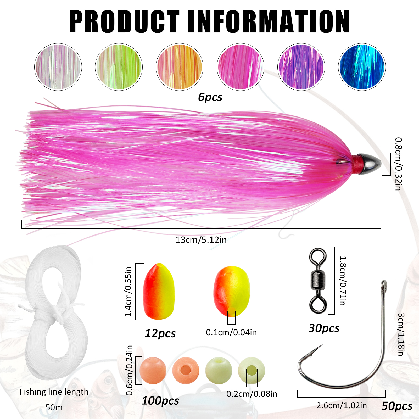 FREE FISHER 200pcs/Lot Sea Fishing Flash Line Teaser Lures Kit,Bucktail Jig Head,Trolling Octopus Lure,Big Game Bait Saltwater DIY Fishing Set with Box