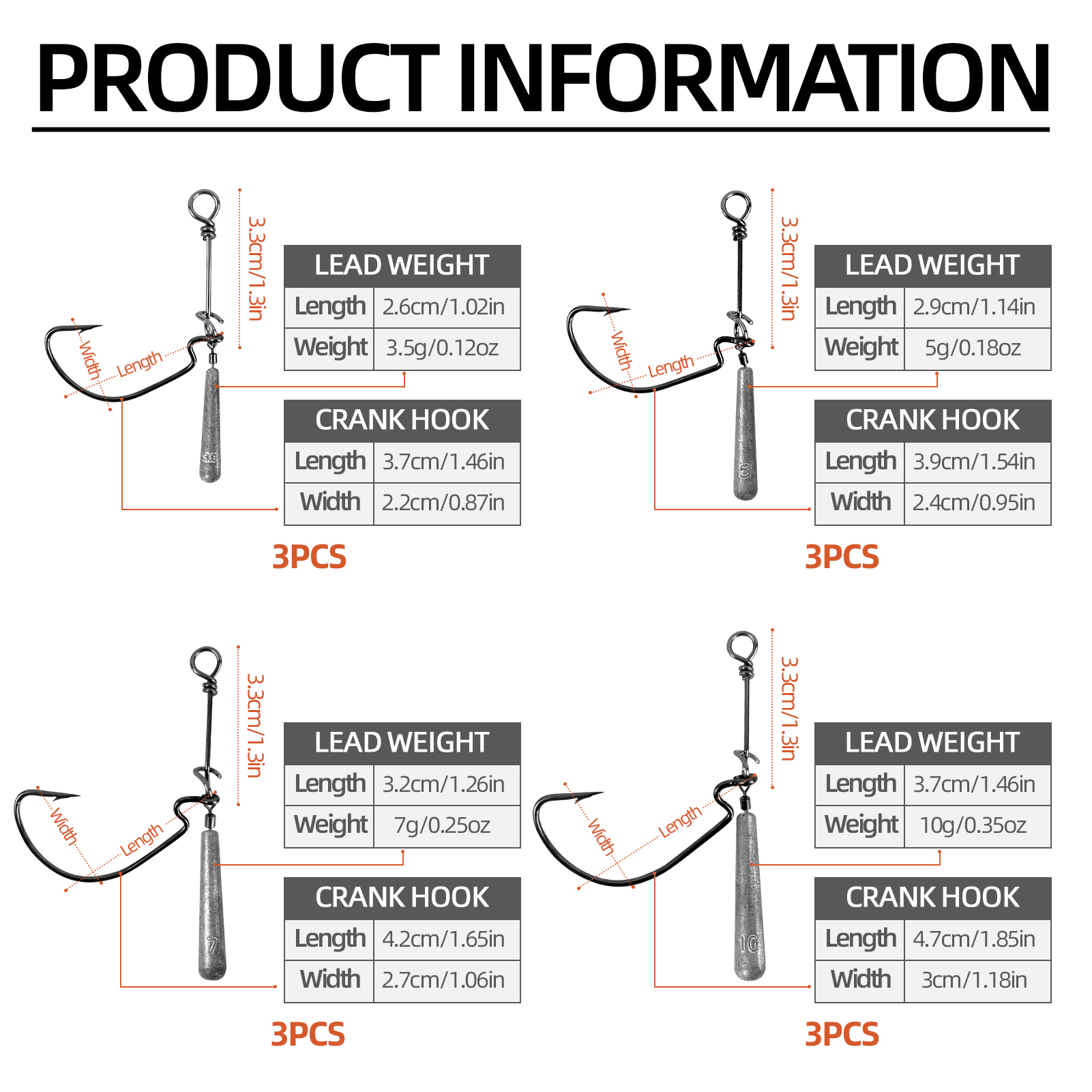 FREE FISHER 12pcs/Lot Jig Head Fishing Weights Hooks,3.5g/5g/7g/10g Worm Crank Hook,Drop Shot Rigs,Fishing Balance Lead Sinker Kit
