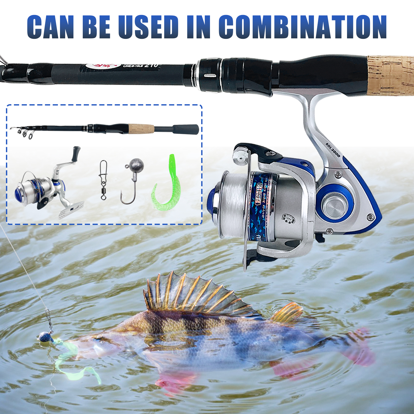 FREE FISHER Fishing Rod Reel Combo 2.1m Carbon Fiber Rod with Fishing Bag Hard Lure Soft Baits Hooks Spinning Reels for Saltwater/Freshwater（Pack of 65)