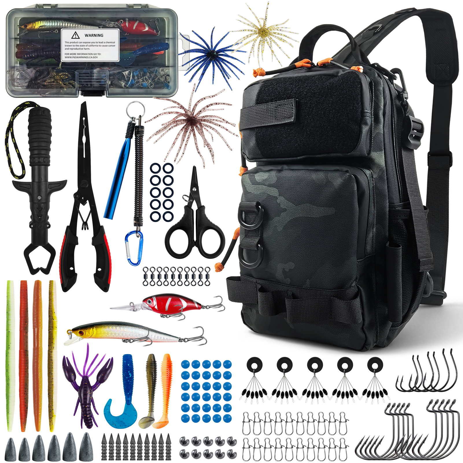 FREE FISHER 136pcs/Lot Fishing Tackle Kit with Multifunctional Backpack,Complete Lure Baits Set,Pliers Gripper Weights Accessory